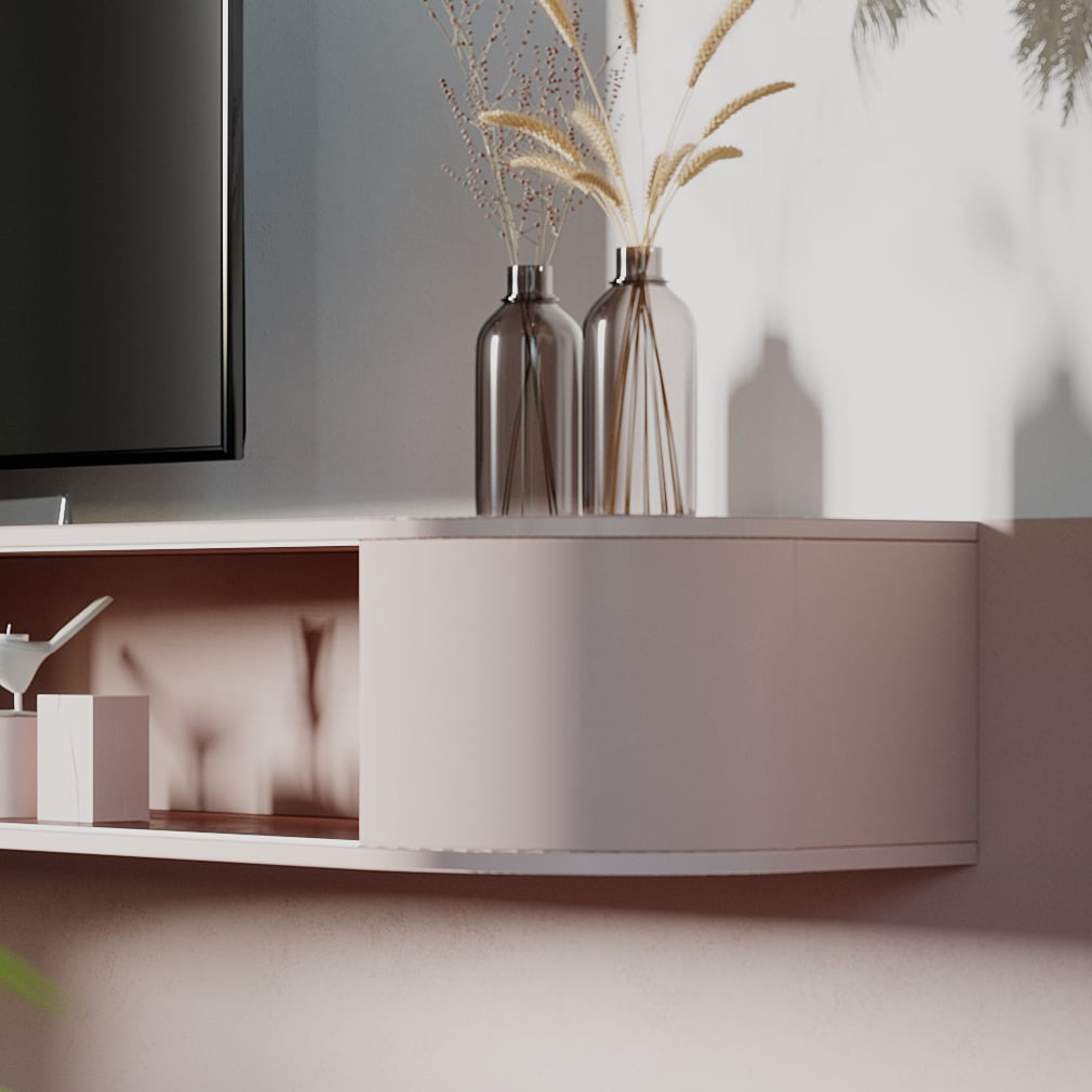 The blush unit&rsquo;s rounded return with two amber bottles of wheat against a pale wall.