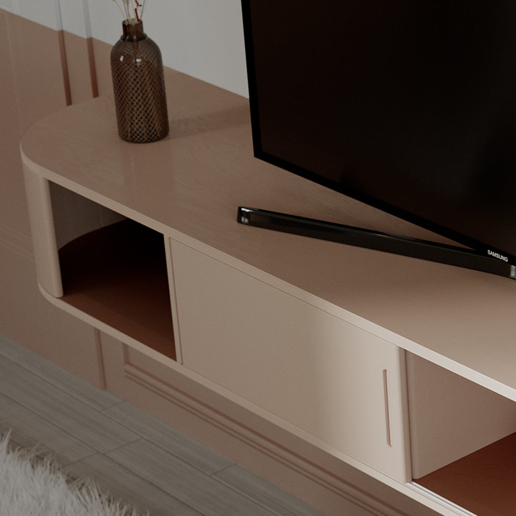 High three-quarter view of the blush carcass: rounded return, open cubby, sliding front and a screen standing on top.