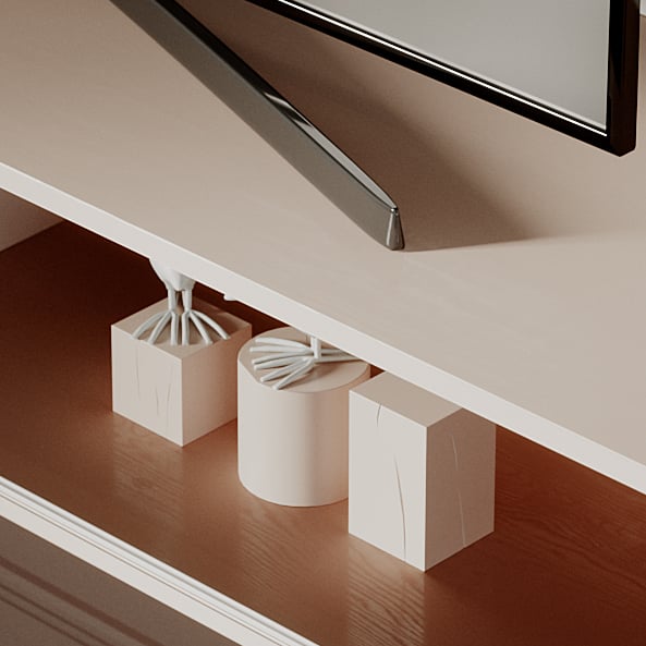 Detail of the blush unit&rsquo;s timber-lined open bay carrying white geometric objects beneath the screen foot.