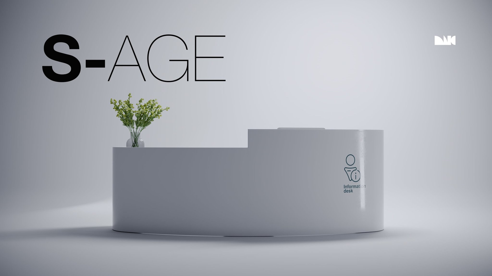 Three-quarter view of the curved white information desk with its pictogram on the front panel.