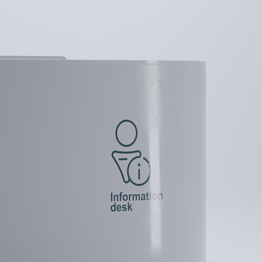 Detail of the information desk pictogram printed on the white panel.