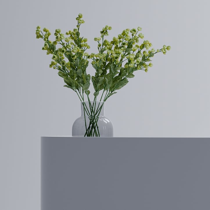 Detail of the glass vase of pale green flowers standing in the desk&rsquo;s low return.