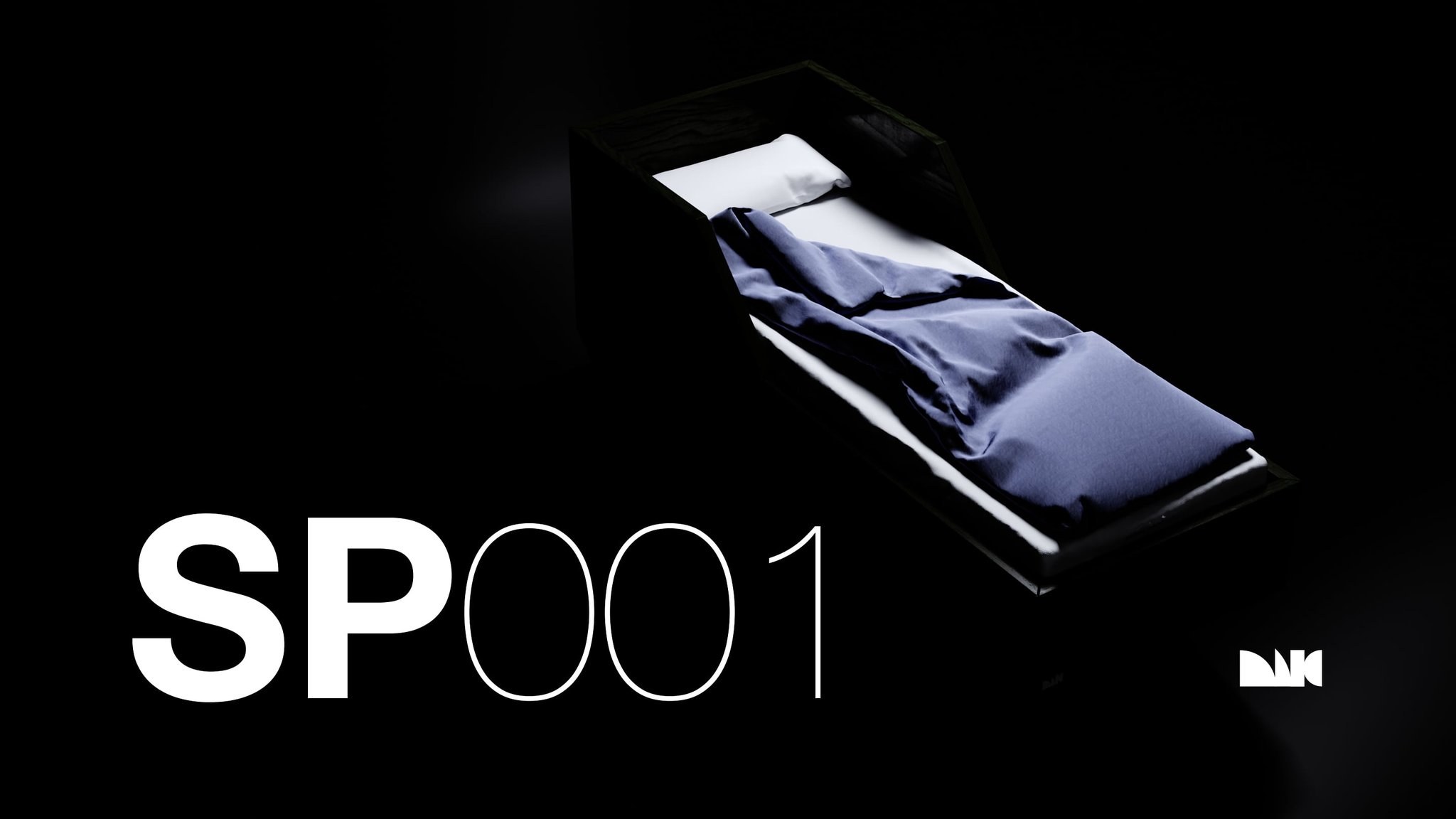 Labelled SP001 plate: the sleeping pod lit from above on black.