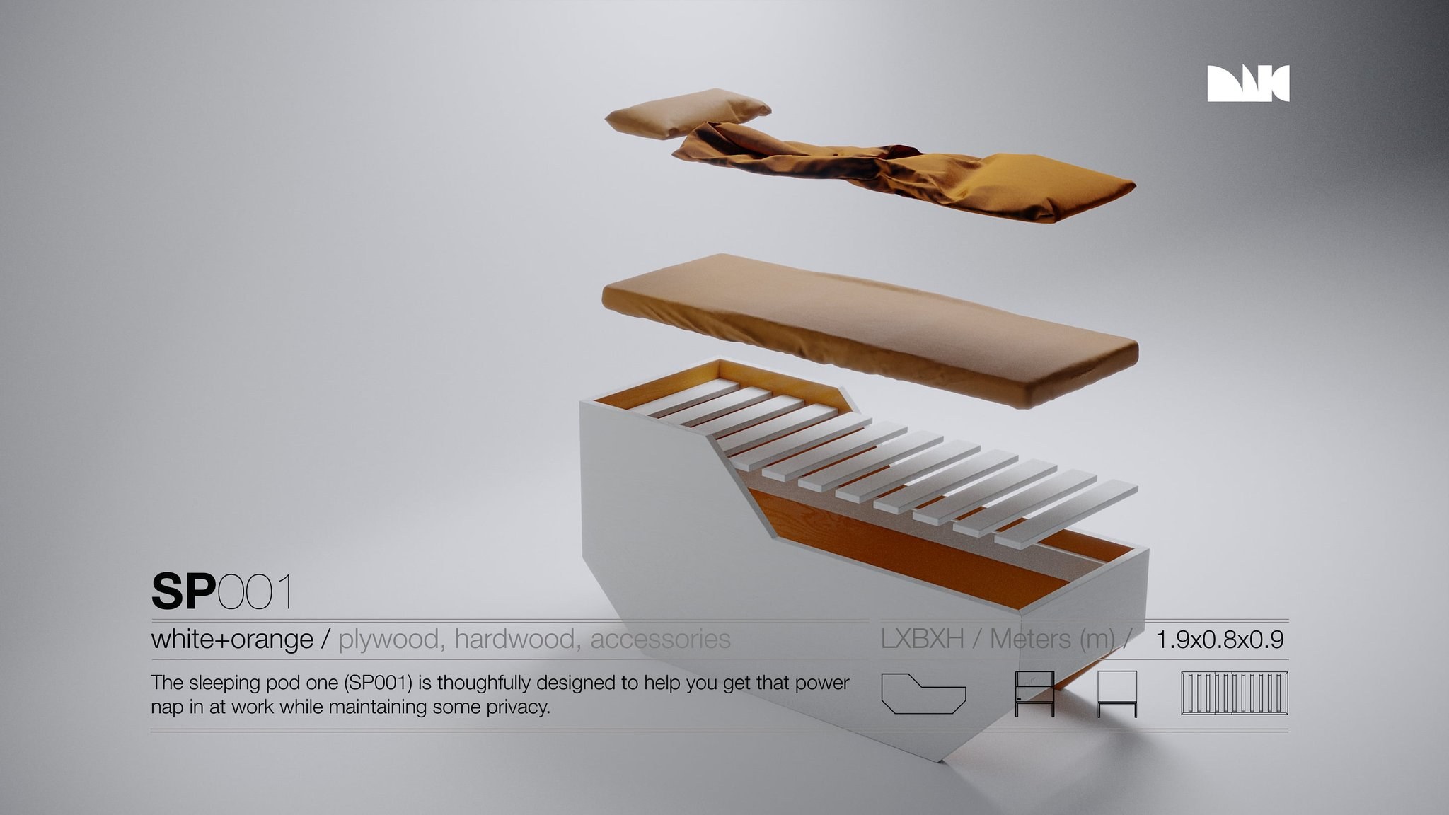 MIG SP001 exploded on grey: the white pod shell with its wood slats separated from a floating tan mattress, orange duvet and pillow, a 1.9 x 0.8 x 0.9 dimension note and four line diagrams.