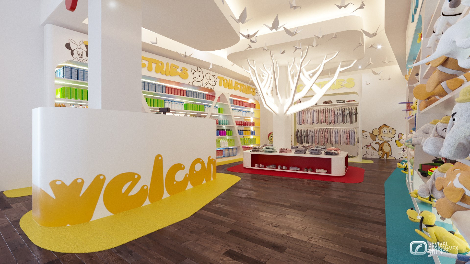 Render of the entrance zone: a white counter planted in a yellow floor pad with Welcome spelled in fat yellow letters, curving white ceiling, illuminated tree sculpture and multicolored shelving down the aisle.