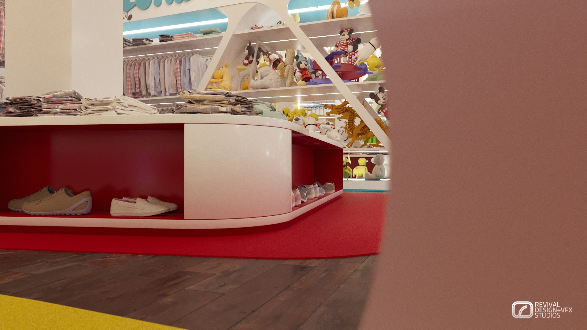 Close view render of a curved red-and-white shoe display island set on a red floor circle, with angular white tree shelves and plush toys behind, framed by a soft pink foreground column.