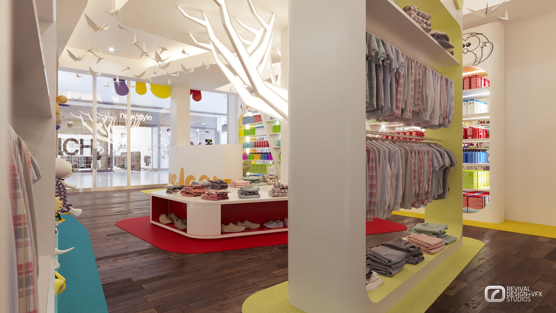 Wide interior render: glowing trees, red islands and a teal walkway on dark wood flooring, balloons floating near the ceiling and daylight from the mall windows beyond the glazed storefront.