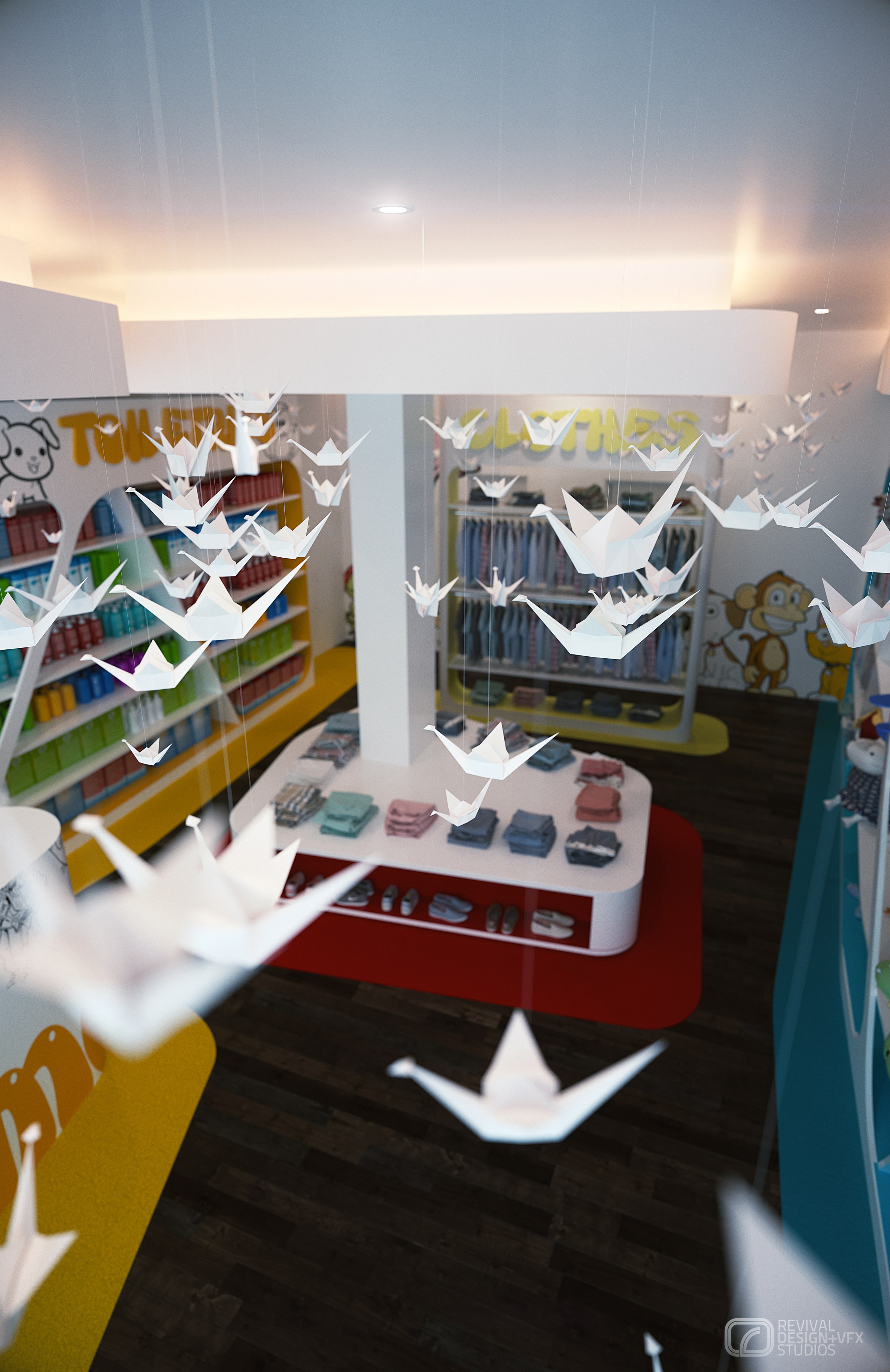 MOTY - tall view across the children&rsquo;s store under a flock of suspended white origami birds, with a red central display island of folded clothing and the yellow TOYS and CLOTHES signage behind