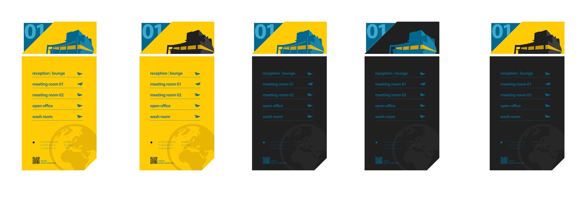 MTN HQ floor 01 directory colourways with a watermark: the same five panels carrying a faint globe silhouette behind the braille block at the foot.