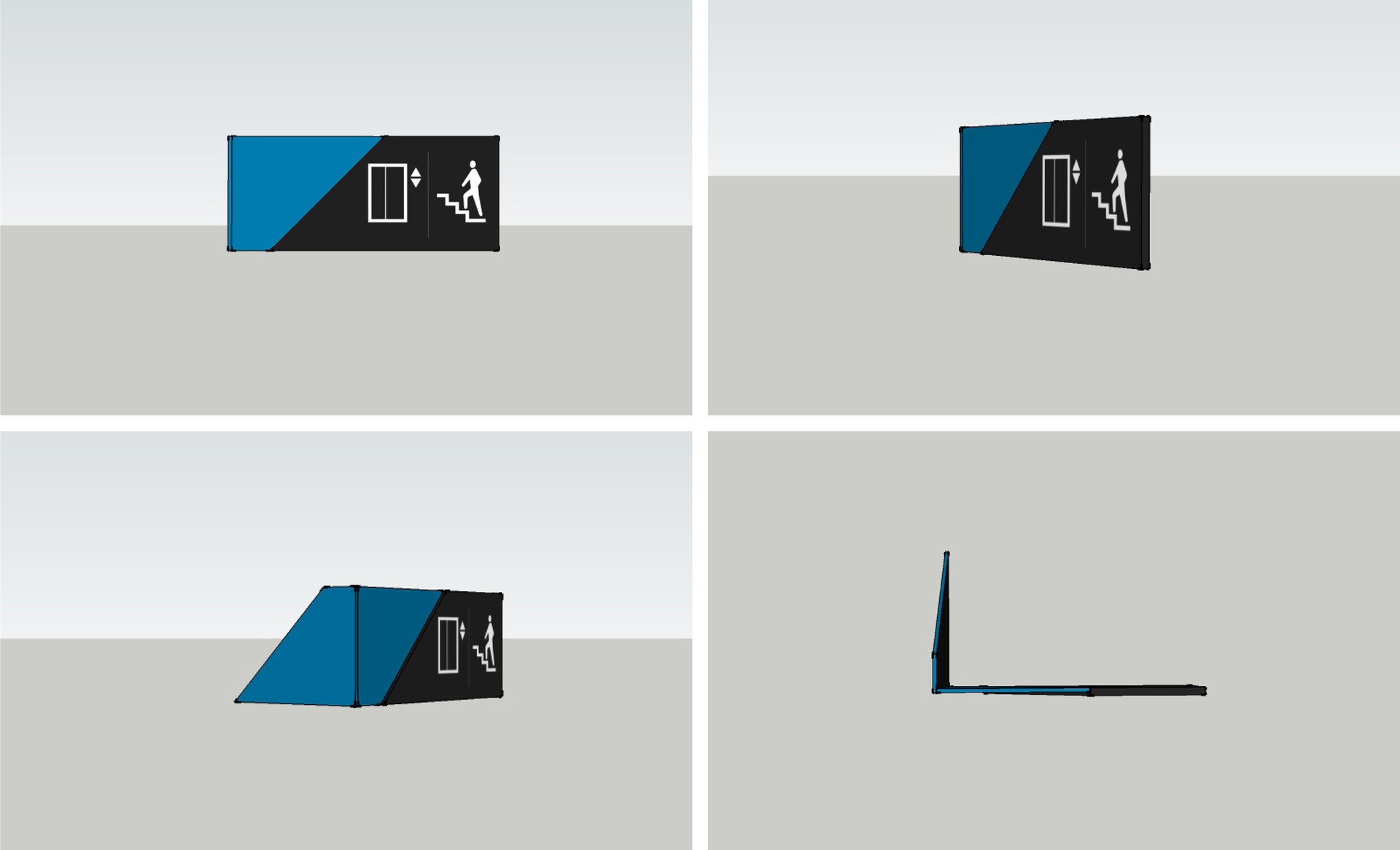 MTN HQ lift and stair blade sign in four model views: a black panel with a lift icon, up-and-down triangles and a climbing figure, carried on an angled teal bracket that wraps the wall edge.