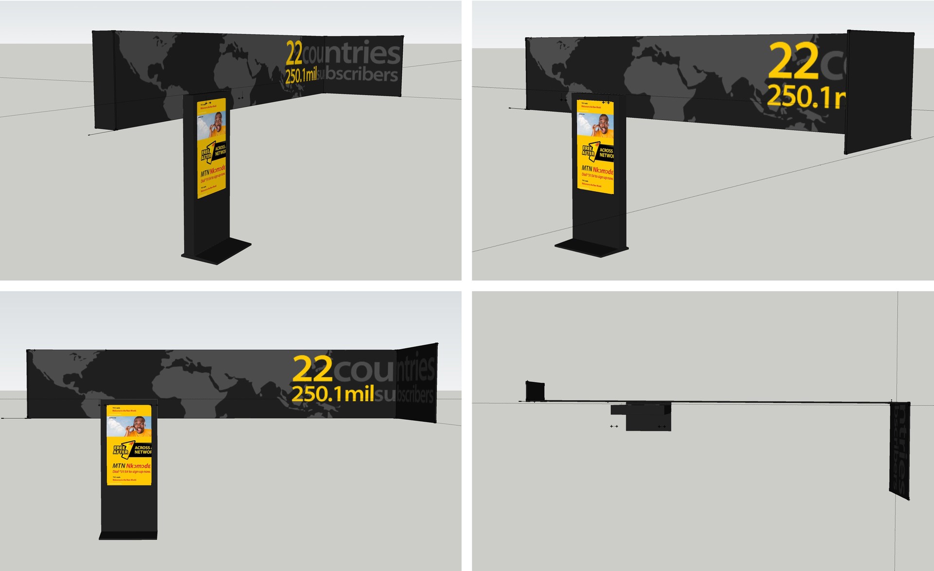 MTN HQ graphic wall and totem in four model views: a black world map lettered 22 countries and 250.1m subscribers in yellow and grey, with a freestanding screen showing a yellow MTN Nkomode advert.