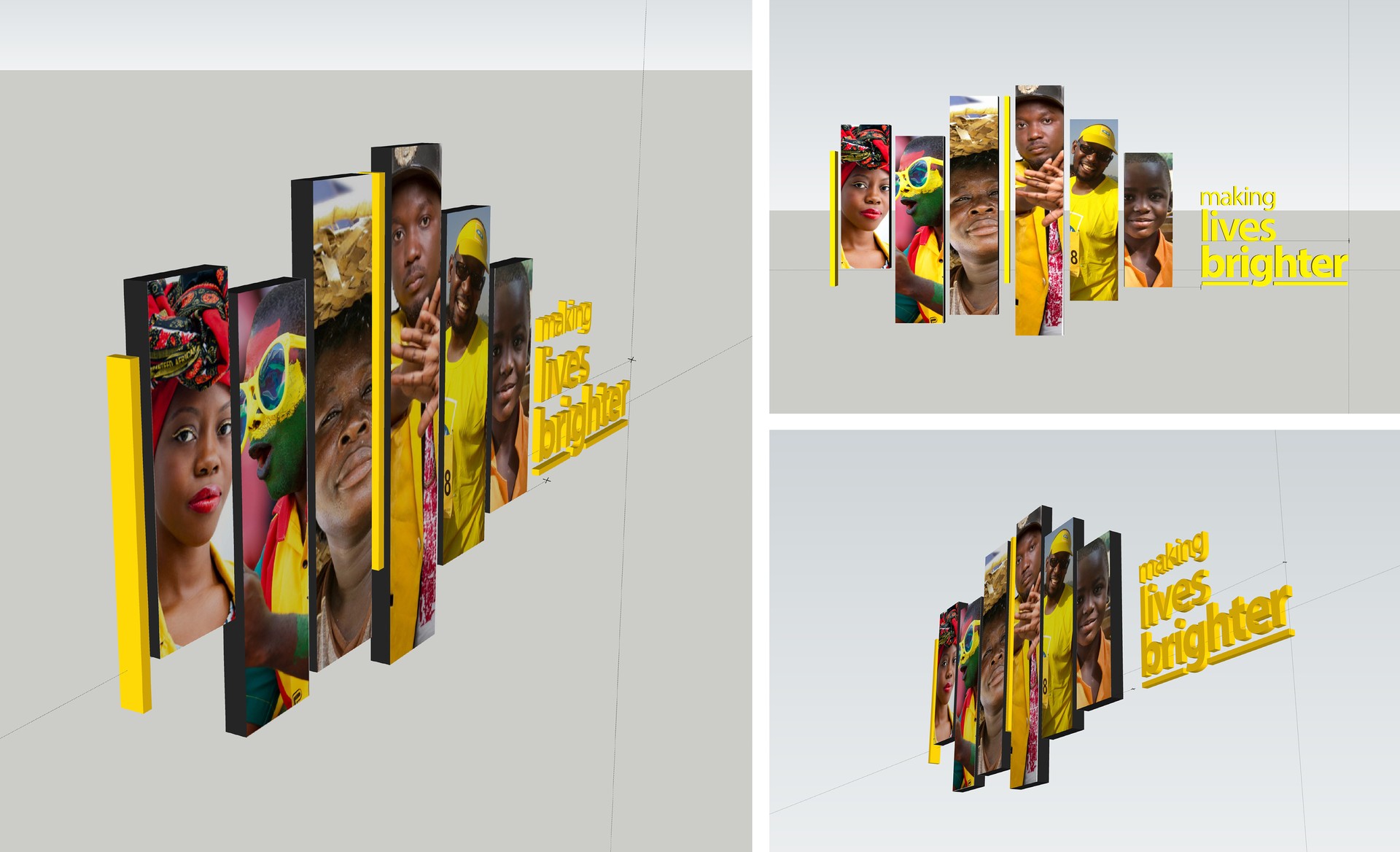 MTN HQ making lives brighter wall piece in three model views: six staggered vertical photo blades of customers dressed in yellow, spaced with yellow battens, beside the raised and underlined lettering.