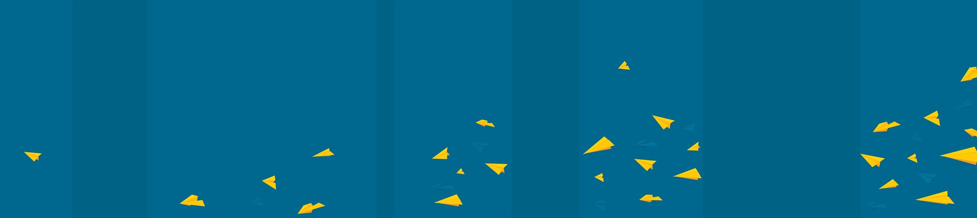 MTN HQ wall band: a teal surface in alternating tone panels scattered with small yellow paper planes that thicken toward the right.