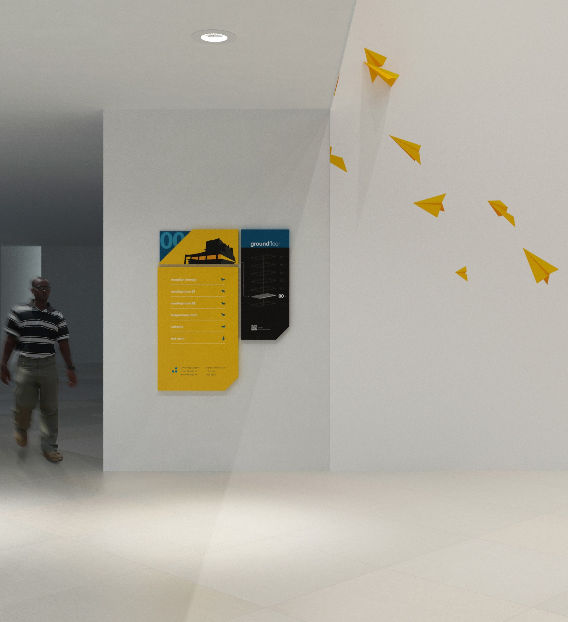 MTN HQ lobby render: the yellow ground-floor directory and black floor-stack panel on a white wall beneath a climbing flock of yellow paper planes, a man in a striped polo walking past at the left.