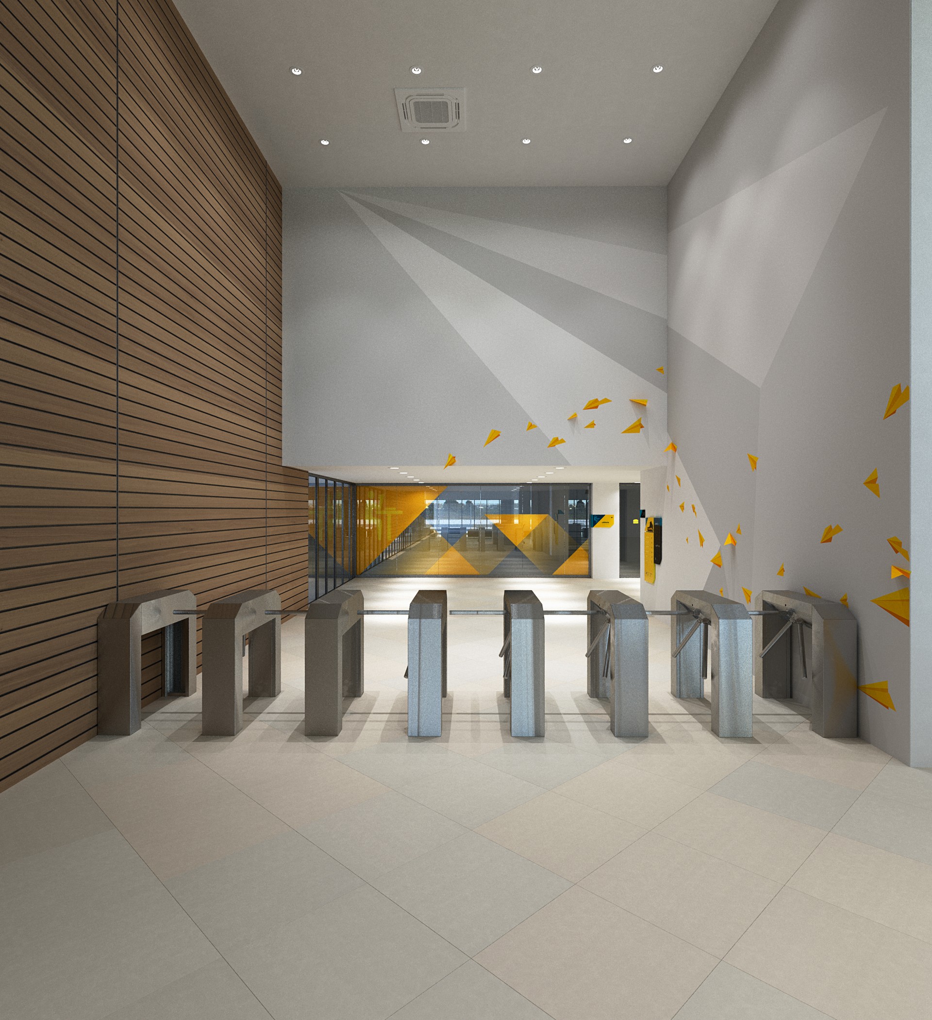 MTN HQ access lobby: a row of stainless tripod turnstiles between a timber-slat wall and a white wall printed with giant pale paper-plane shapes, small yellow planes flying toward the glazed corridor beyond.