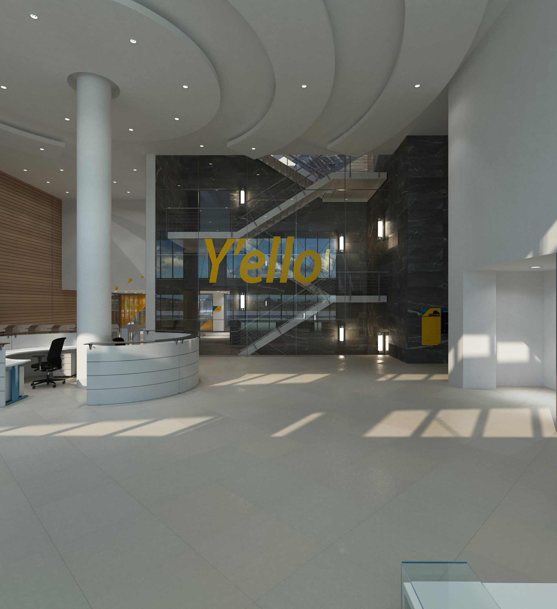 MTN HQ reception atrium: a curved white desk beside a full-height column and a ribbed timber wall, with the yellow Y'ello wordmark applied to the glazing in front of a dark marble stair hall and sunlight striping the pale floor.