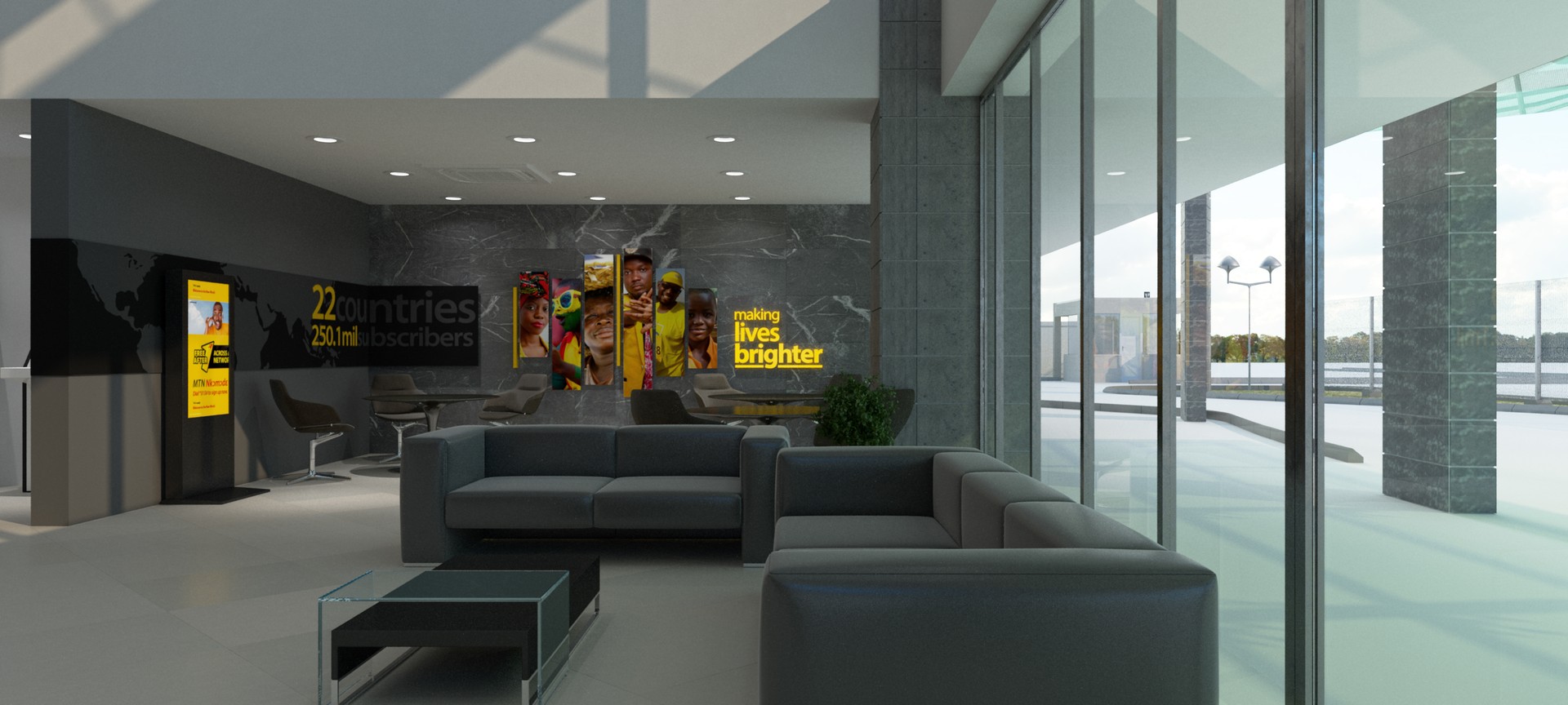 MTN HQ visitor lounge: grey modular sofas and a glass table before a marble wall carrying six vertical photo blades of faces in yellow and the lit words making lives brighter, with a black world map reading 22 countries 250.1m subscribers at one end and full-height glazing to the canopy beyond.