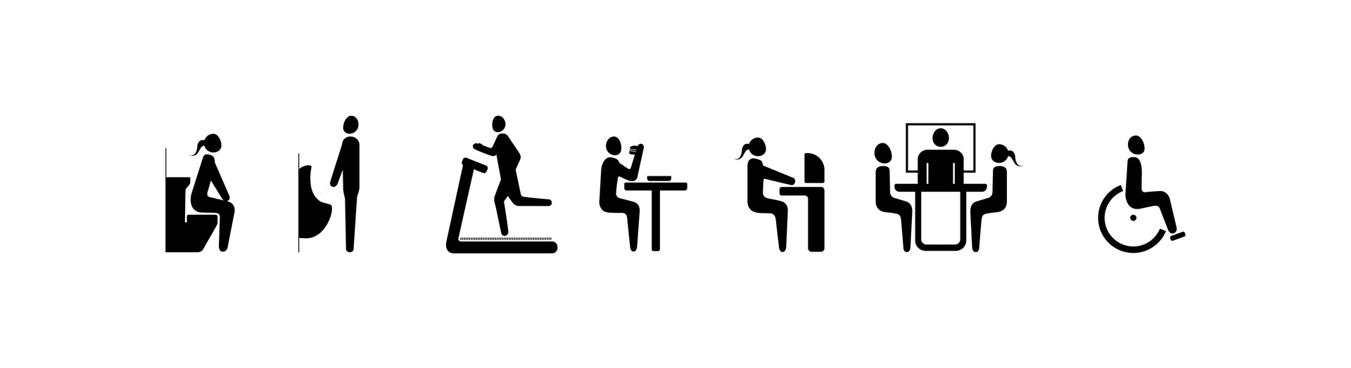 MTN HQ pictogram set: seven black icons on white for a seated booth, a standing figure, a treadmill, a high table with a drink, a desk, a meeting table with a screen, and a wheelchair symbol.