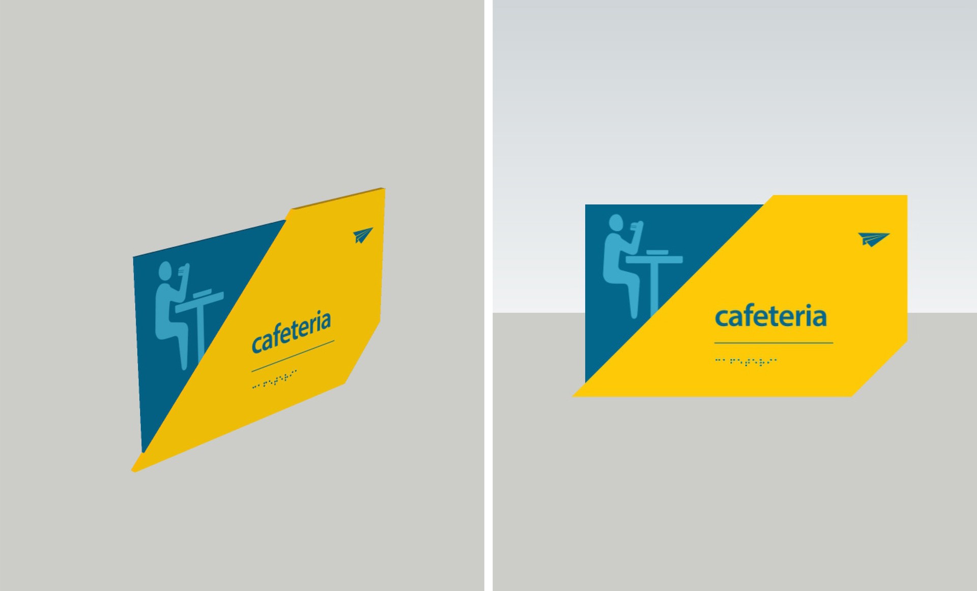 MTN HQ cafeteria sign shown in perspective and flat: a diagonally cut panel with a teal field carrying a pale-blue figure drinking at a high table and a yellow field lettered cafeteria in teal lowercase above a rule, braille and a paper-plane mark.