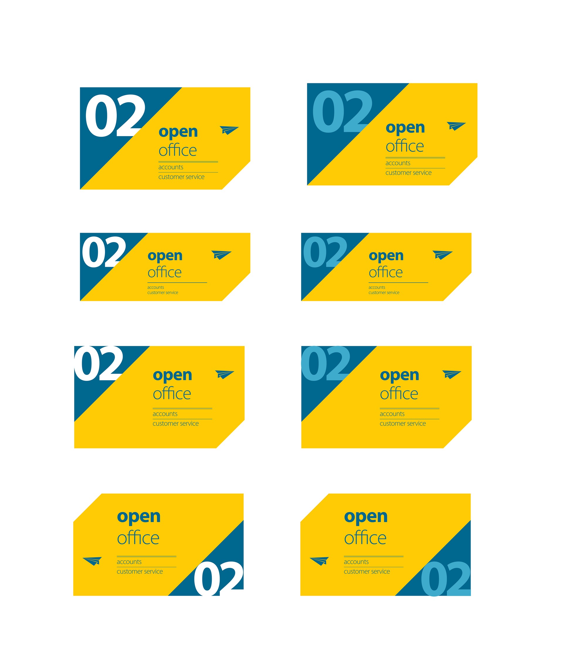 MTN HQ open office sign studies: eight arrangements of the yellow panel and teal number triangle for floor 02, with accounts and customer service listed under rules and the plane mark moving corner to corner.
