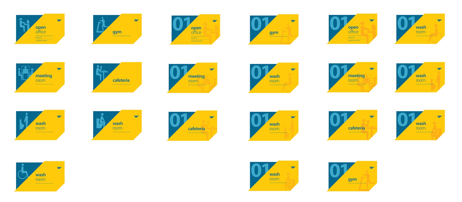 MTN HQ room sign grid: two dozen yellow and teal panels in the same cut format for open office, gym, meeting room, cafeteria and wash room, several carrying the floor number 01 and a tinted pictogram.