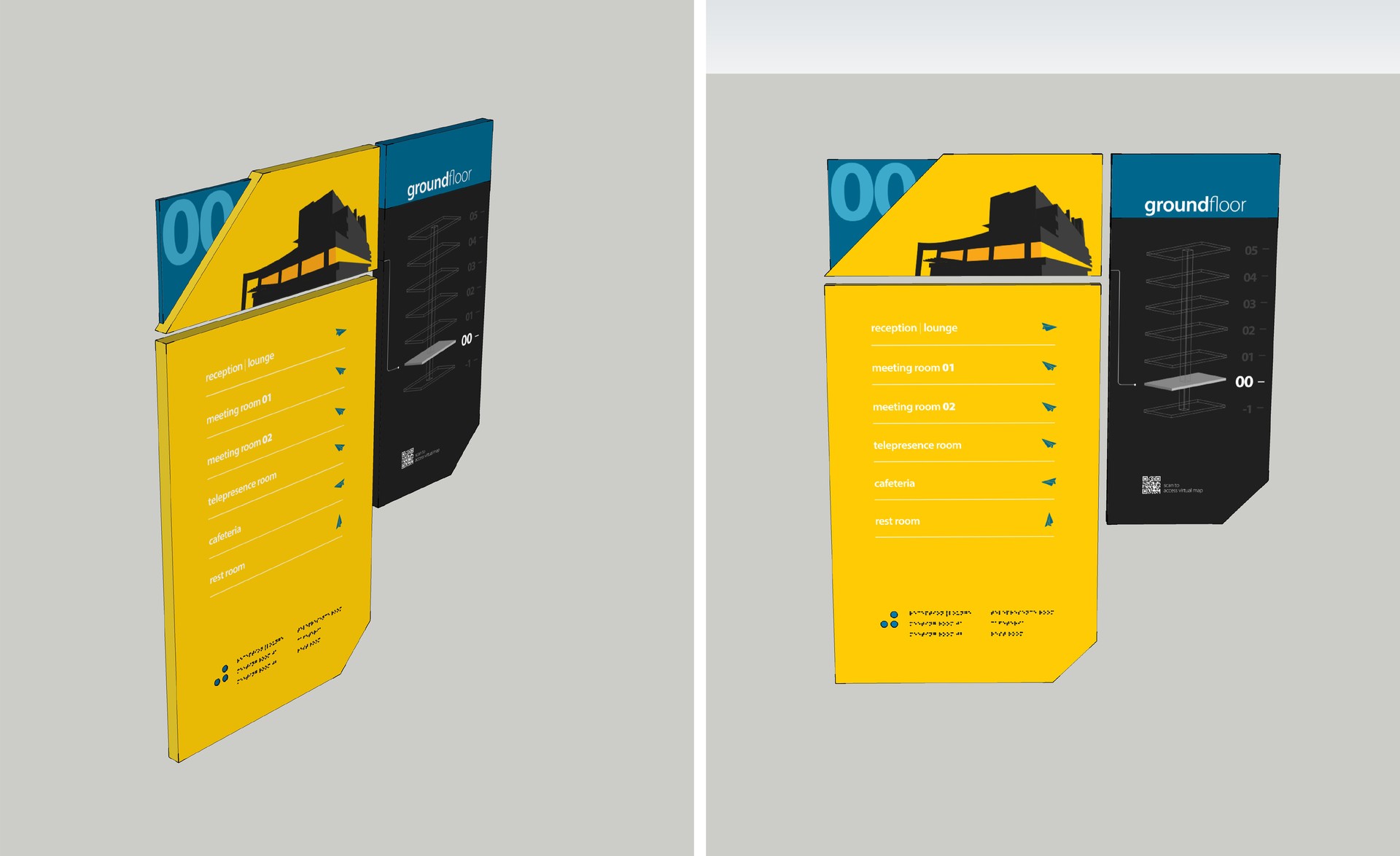 MTN HQ ground-floor directory in perspective and flat: the yellow panel's black building silhouette above reception, meeting rooms, telepresence room, cafeteria and rest room with plane arrows and braille, beside a black ground floor totem with stacked floor plates and a QR code.