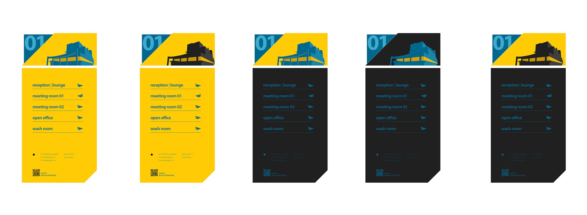 MTN HQ floor 01 directory colourways: five versions of the same panel, yellow on yellow and yellow on black, listing reception, meeting rooms, open office and wash room above a QR code to a virtual map.