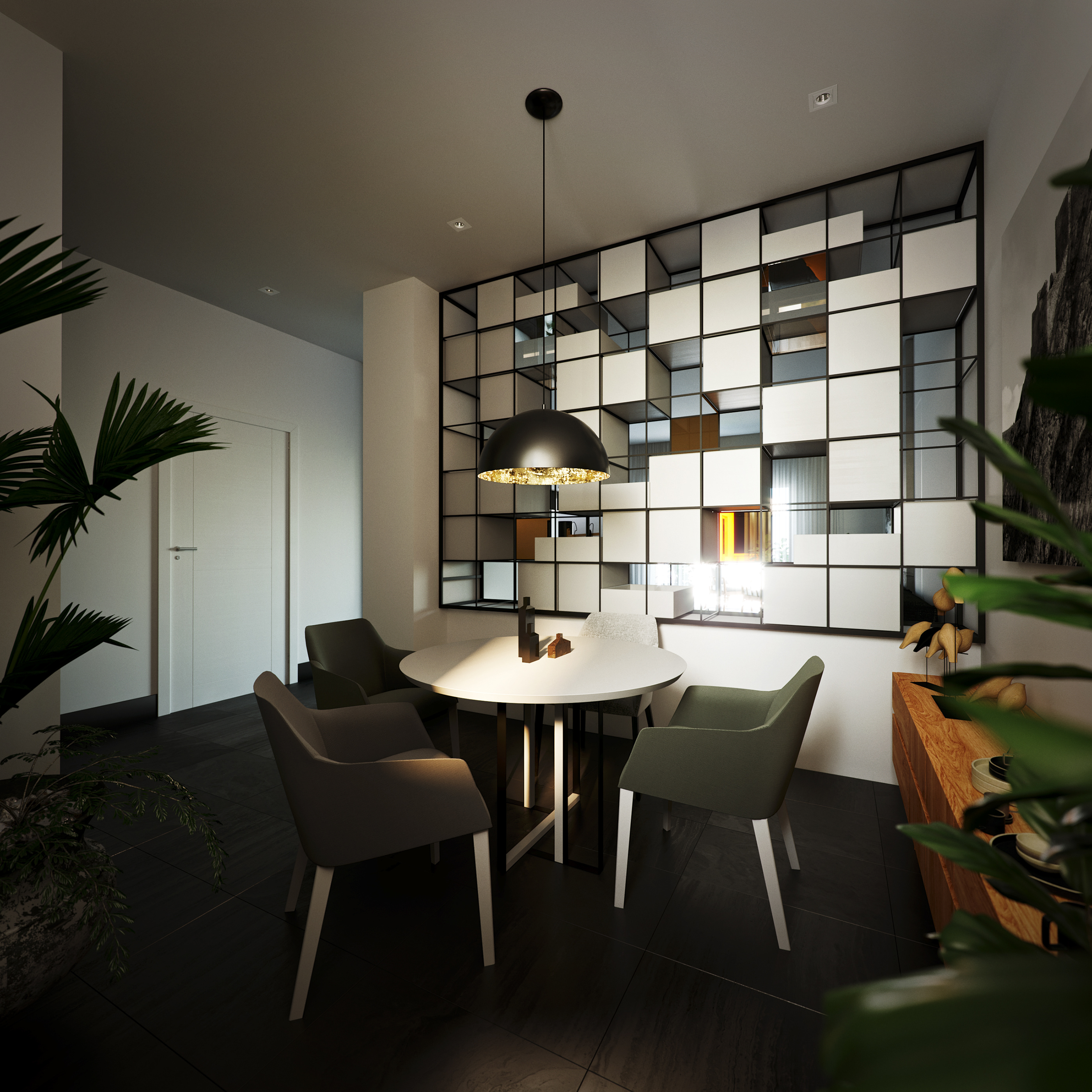 Naadei Villas dining nook: round white table on a black spindle base with four upholstered armchairs under a gold-lined dome pendant, against a black steel grid screen of boxes and mirrors.