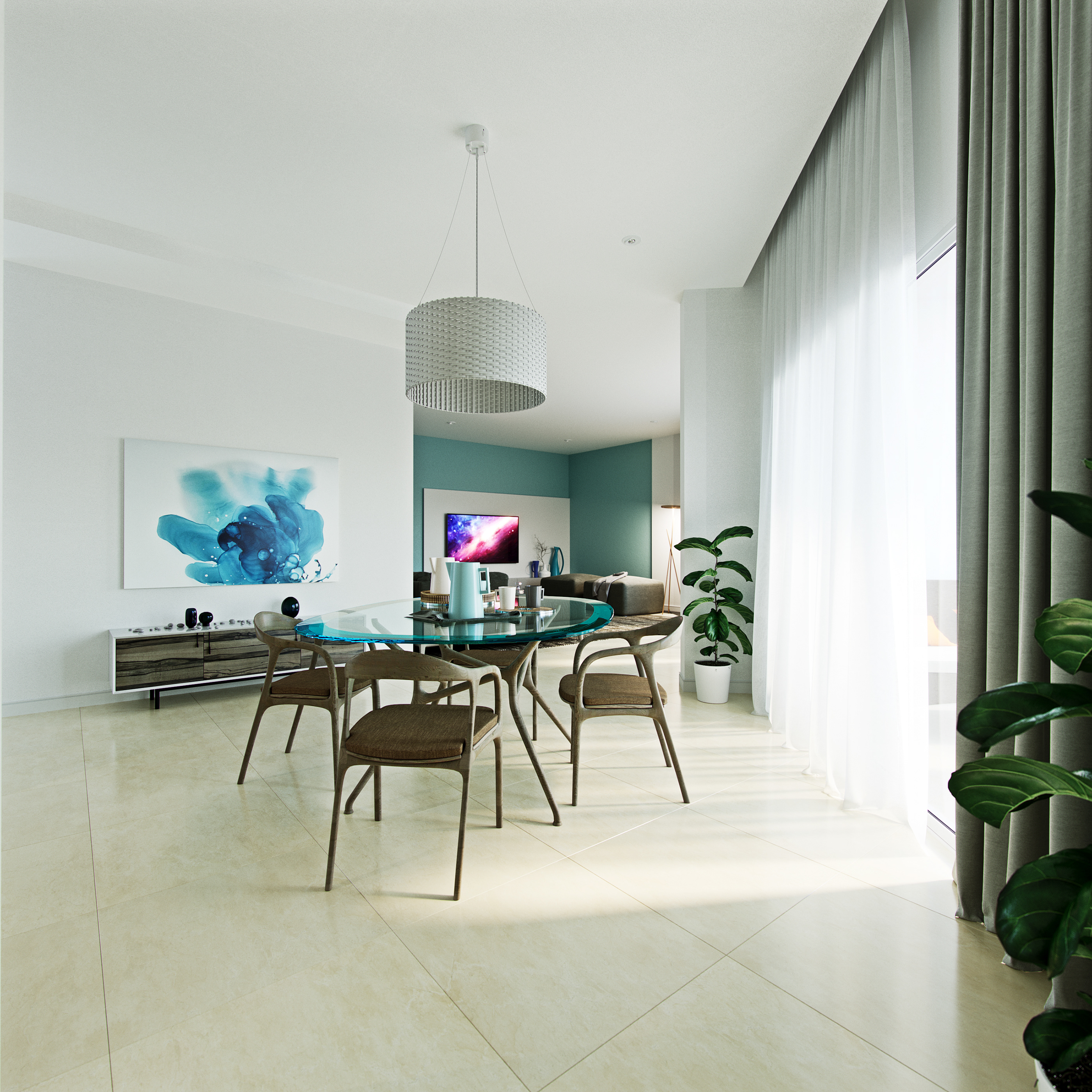 Naadei Villas dining area in the open plan: oval glass table with four bentwood chairs under a woven drum pendant, chrome sideboard and ink-wash canvas at one end and the living room beyond.