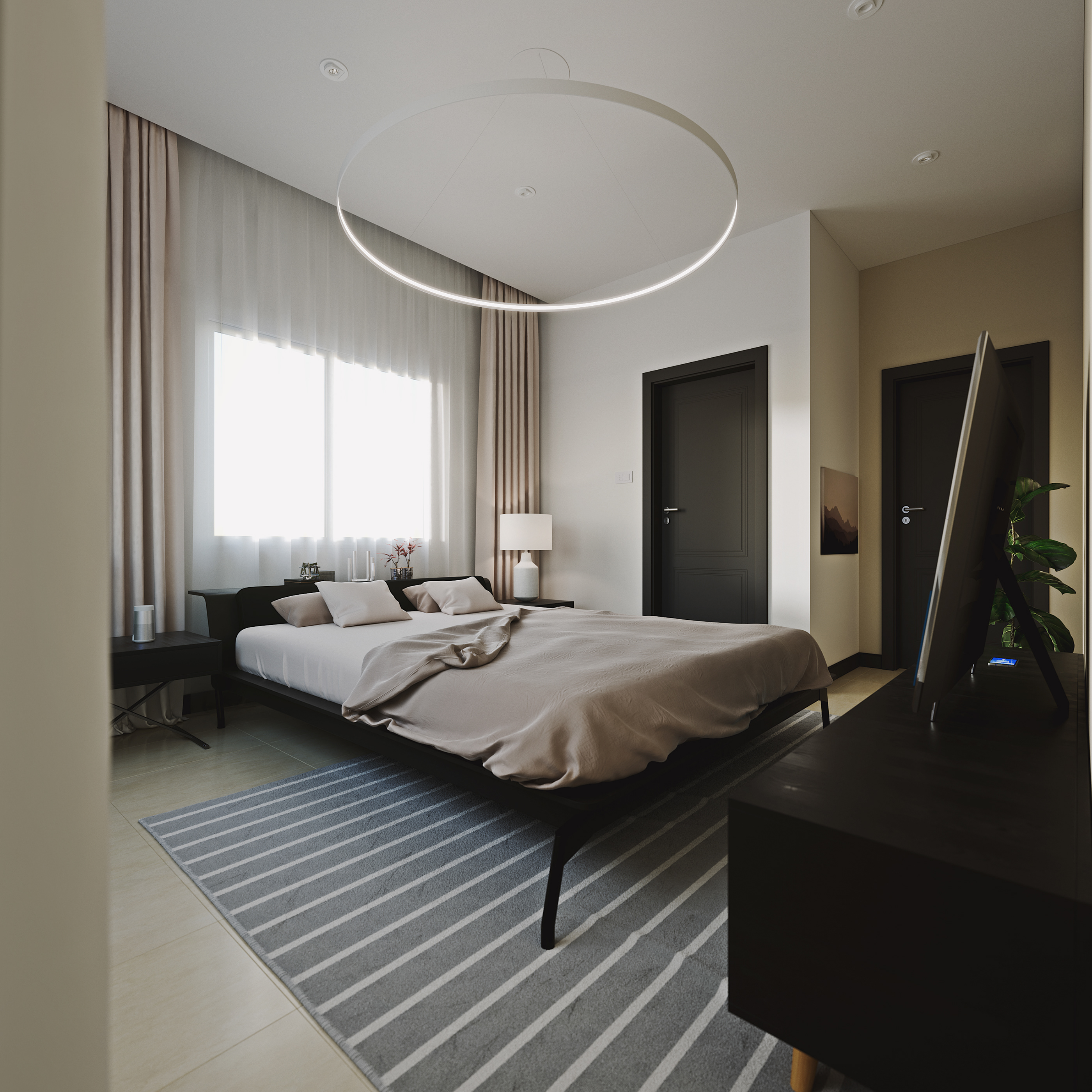 Naadei Villas second bedroom: black bed frame in taupe linen under a suspended LED ring light, sheer and satin curtains over a bright window and matching dark doors along the wall.