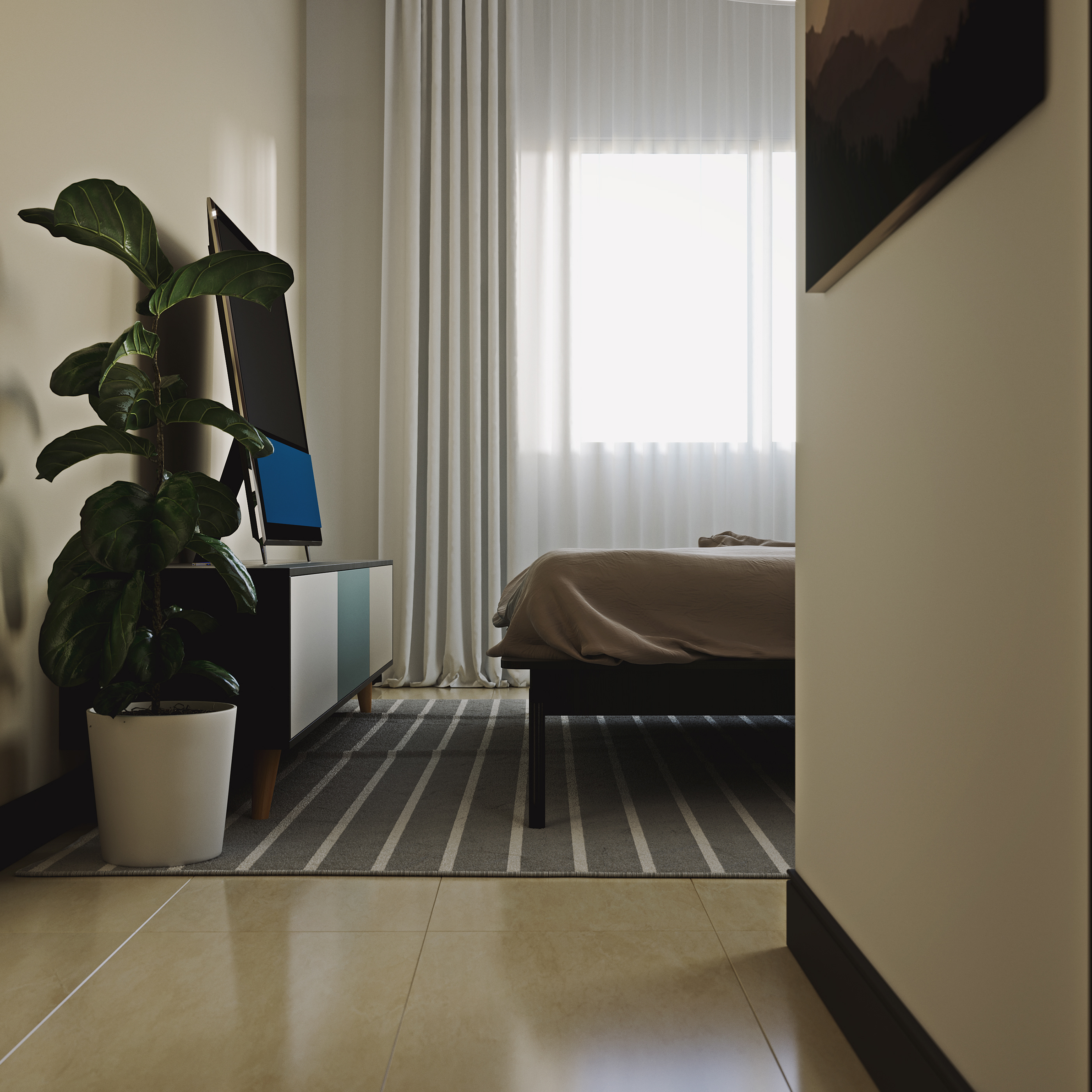Naadei Villas second bedroom from the threshold: fiddle-leaf fig beside a low black-and-white dresser carrying a slim TV, striped rug and the foot of the bed beyond.