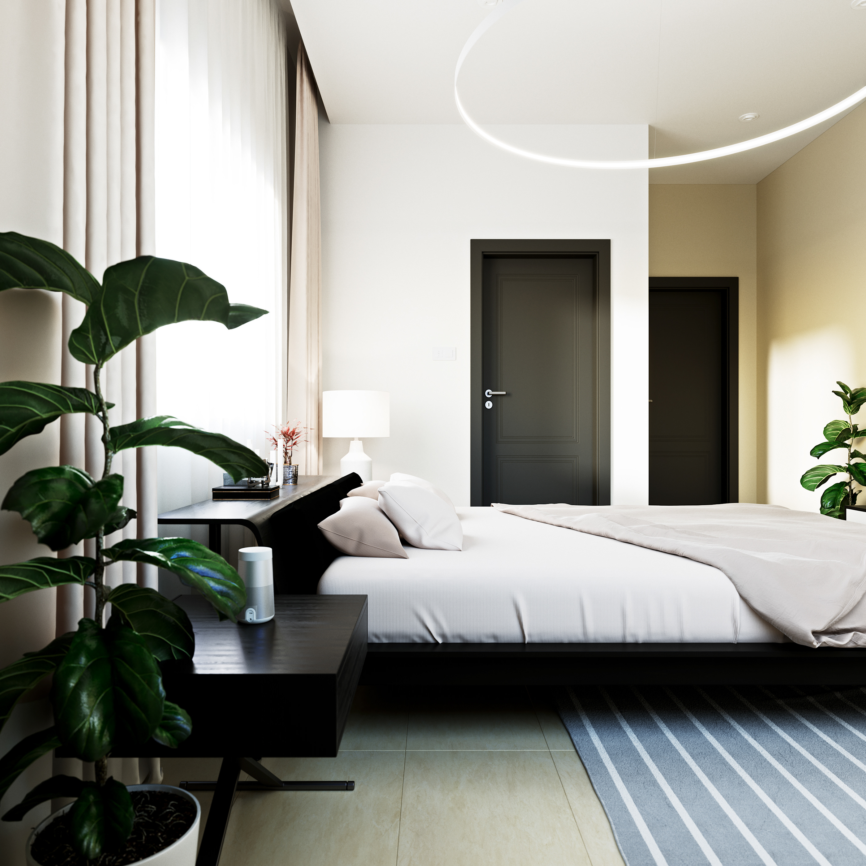 Naadei Villas second bedroom side elevation: black bed with white sheets against a console table and a shaded window, two panelled dark doors on the white wall and the arc of the LED ring overhead.
