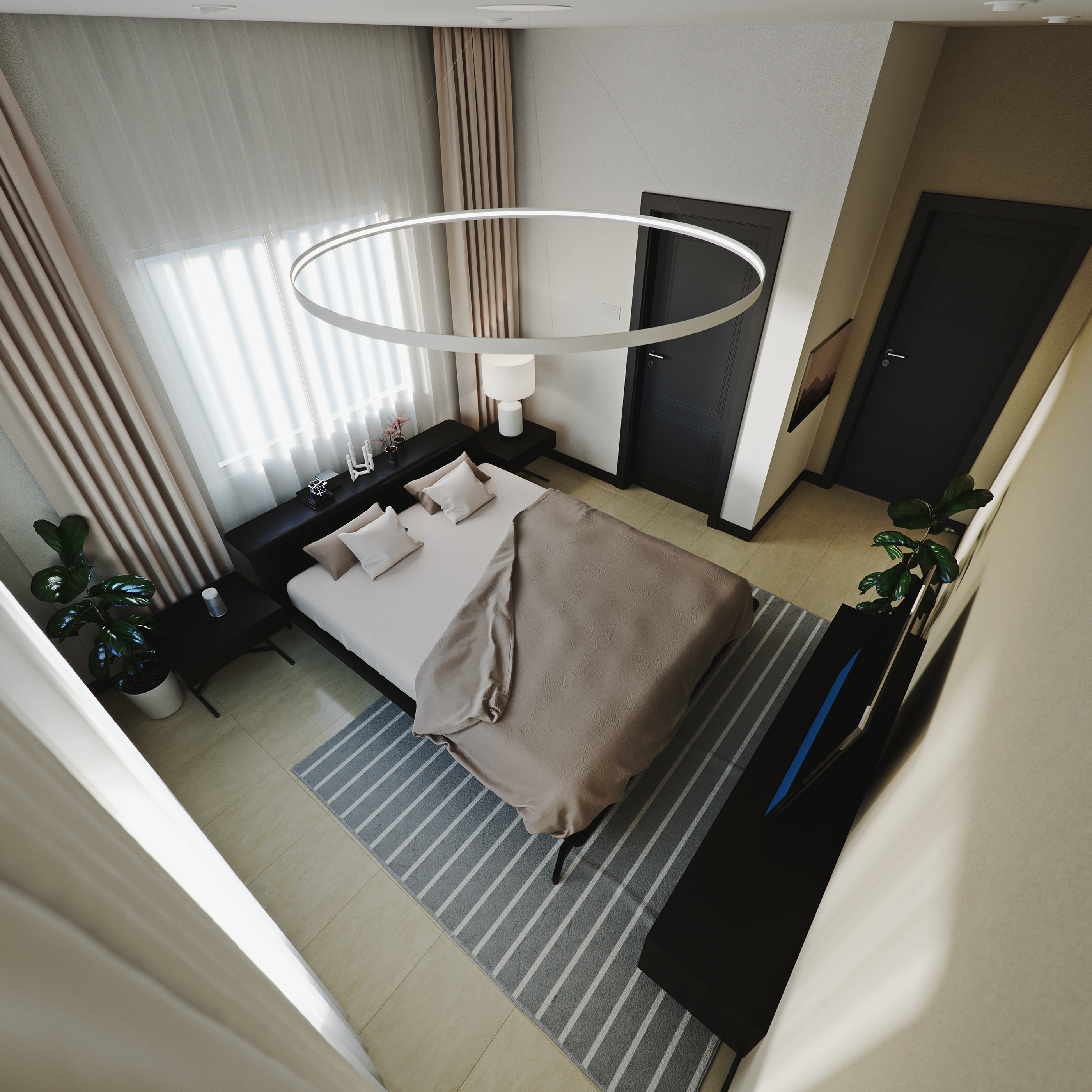 Naadei Villas second bedroom from above: LED ring centred over the bed and striped rug, console and nightstands below the window, two dark doors along the party wall and the TV dresser at the foot.