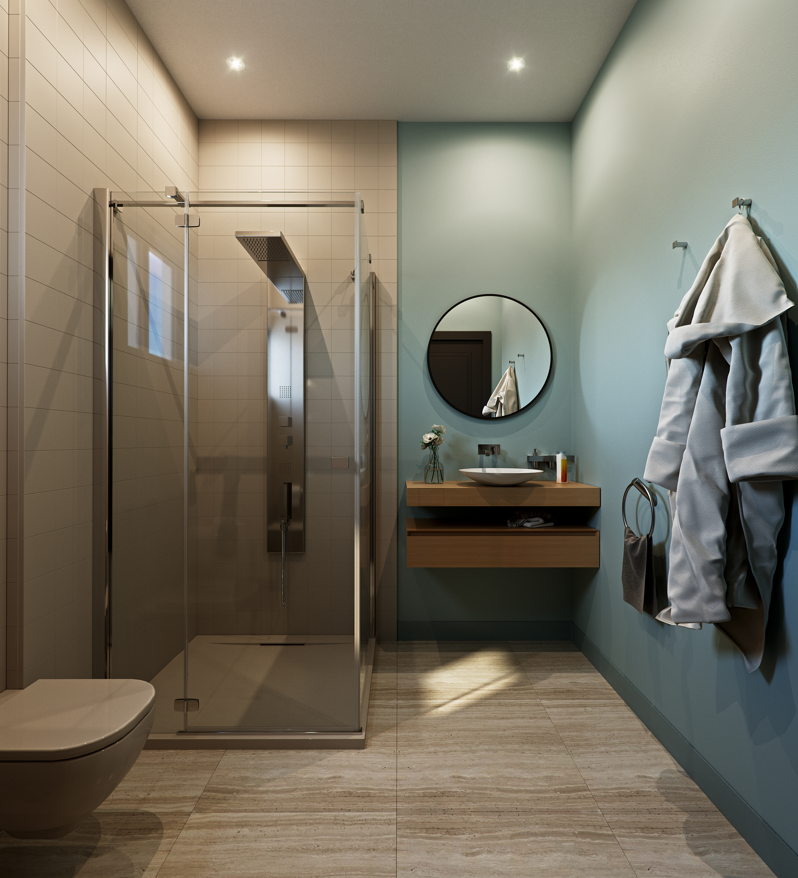 Naadei Villas bathroom: glass shower and wall-hung WC at one end, floating oak vanity with a white vessel basin and wall-mounted tap under a round black-framed mirror on a green wall.