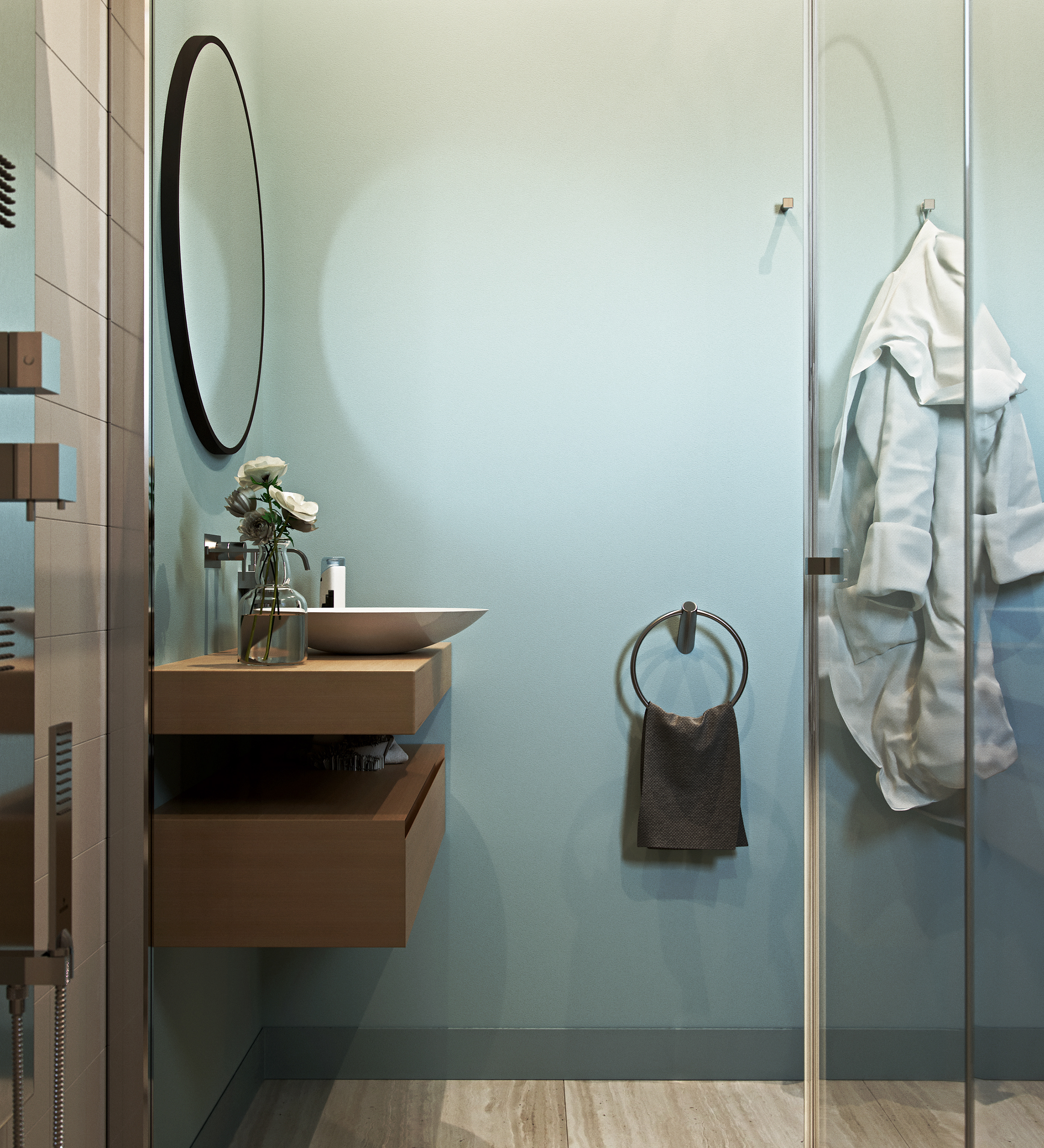 Naadei Villas vanity close-up through the shower glass: floating oak unit with open drawers and a white vessel basin, ranunculus in a glass jar, round mirror, towel ring and robe on a hook.
