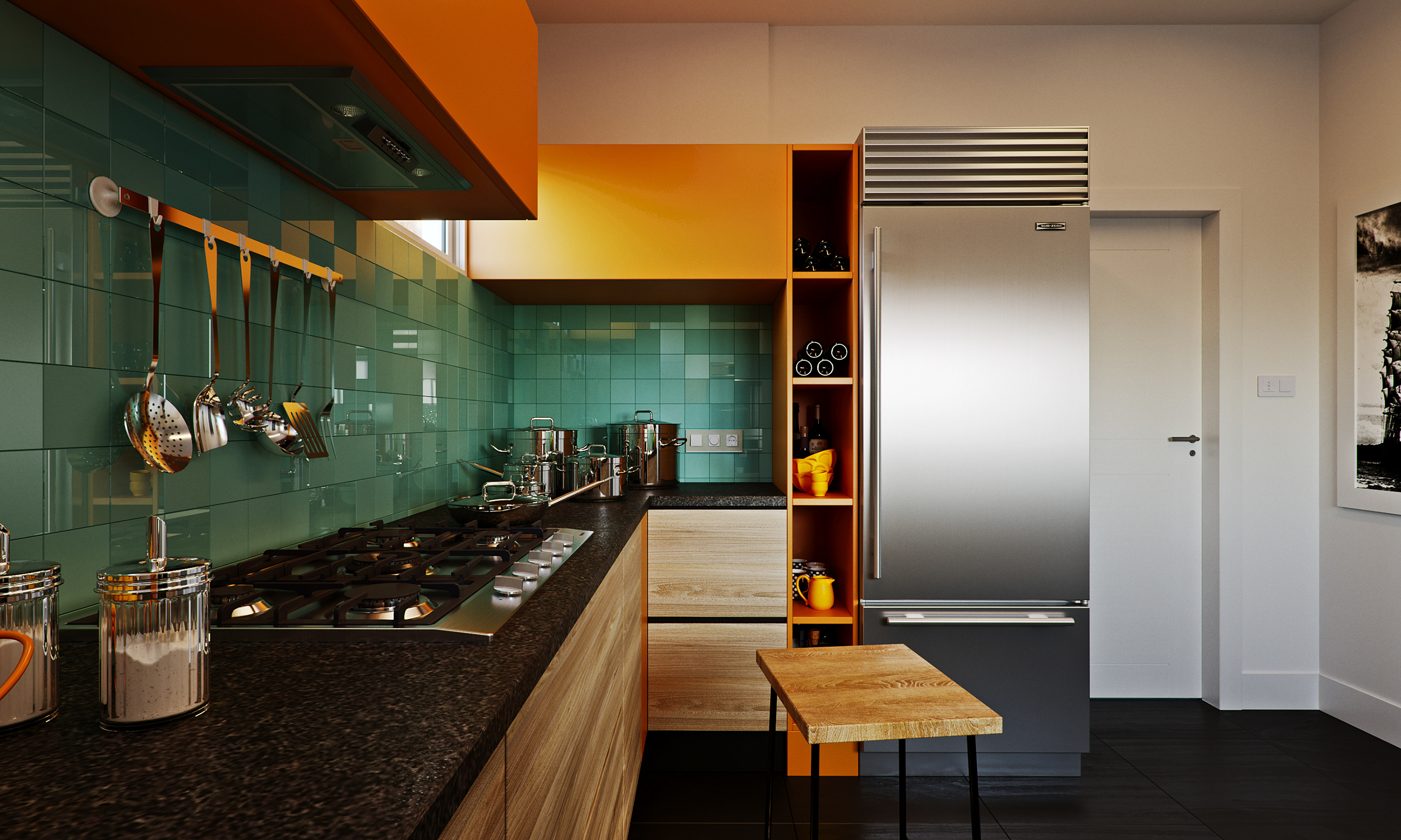 Naadei Villas kitchen detail: orange high-gloss wall cabinets over a glossy green tile splashback, dark stone counter with a five-burner gas hob and a rail of hanging utensils.