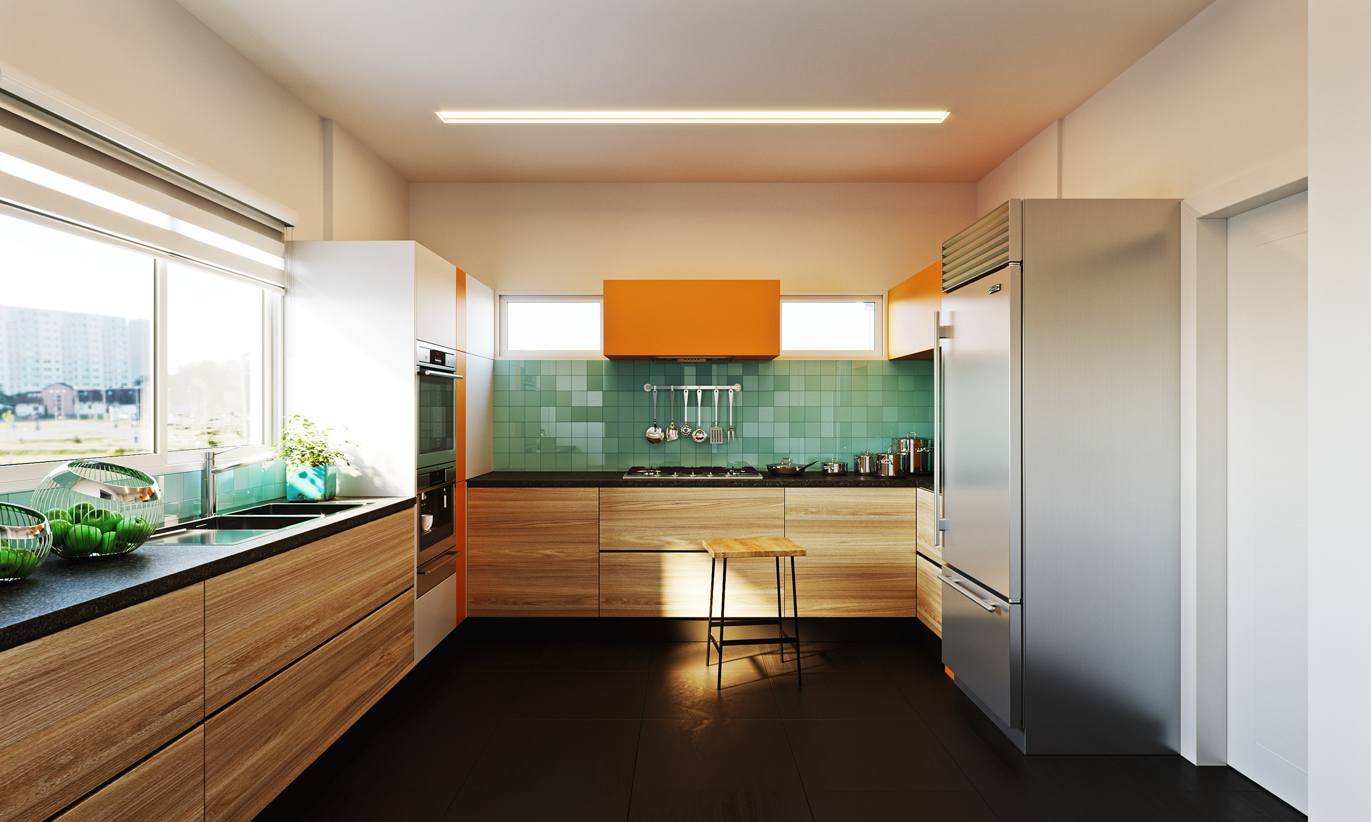 Naadei Villas galley kitchen: oak-veneer run with dark tops under a ceiling light strip, green splashback and orange canopy, tall stainless fridge and a window over the sink.