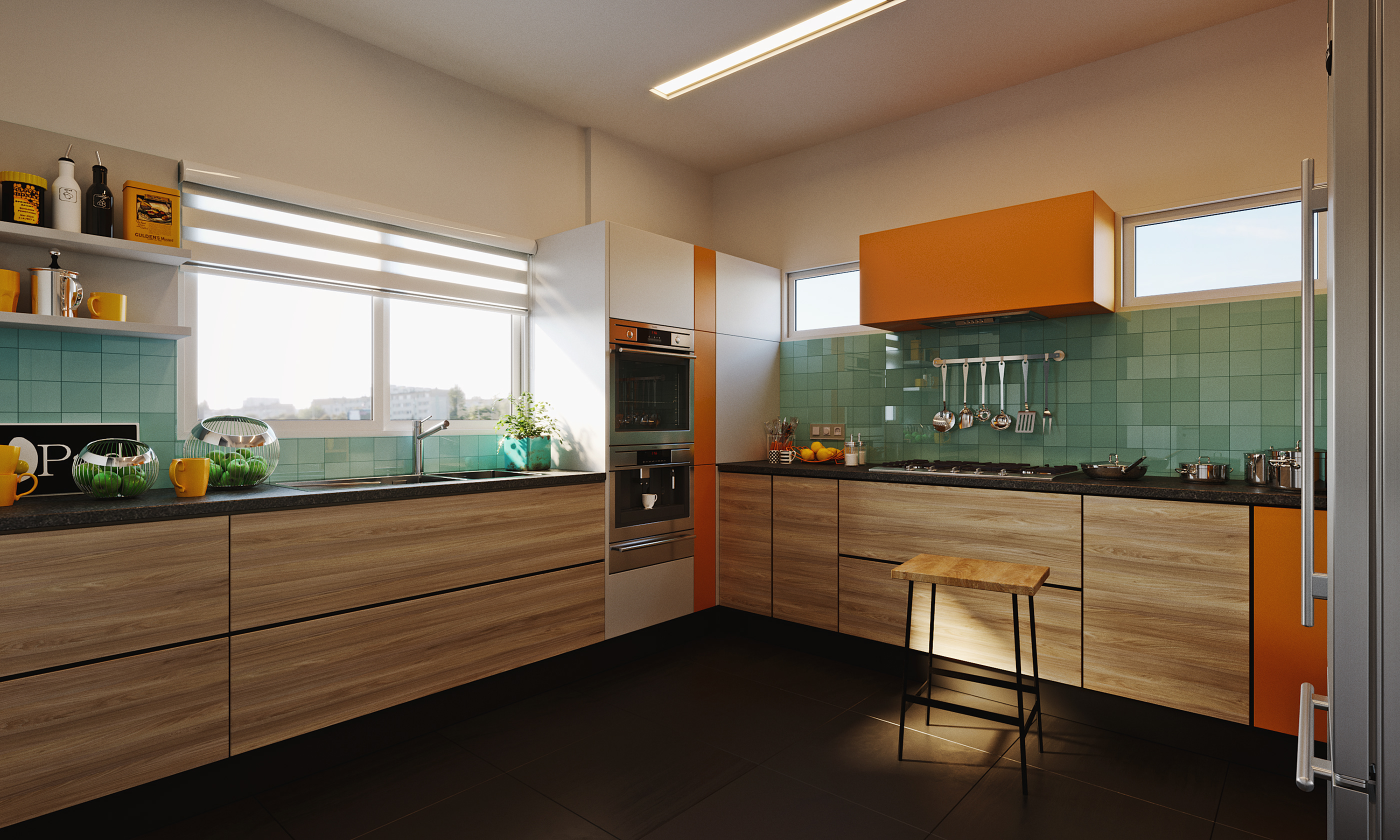 Naadei Villas kitchen corner: tall white housing with a stacked oven and coffee machine beside an orange accent column, oak drawer units wrapping the wall under a banded-blind window.