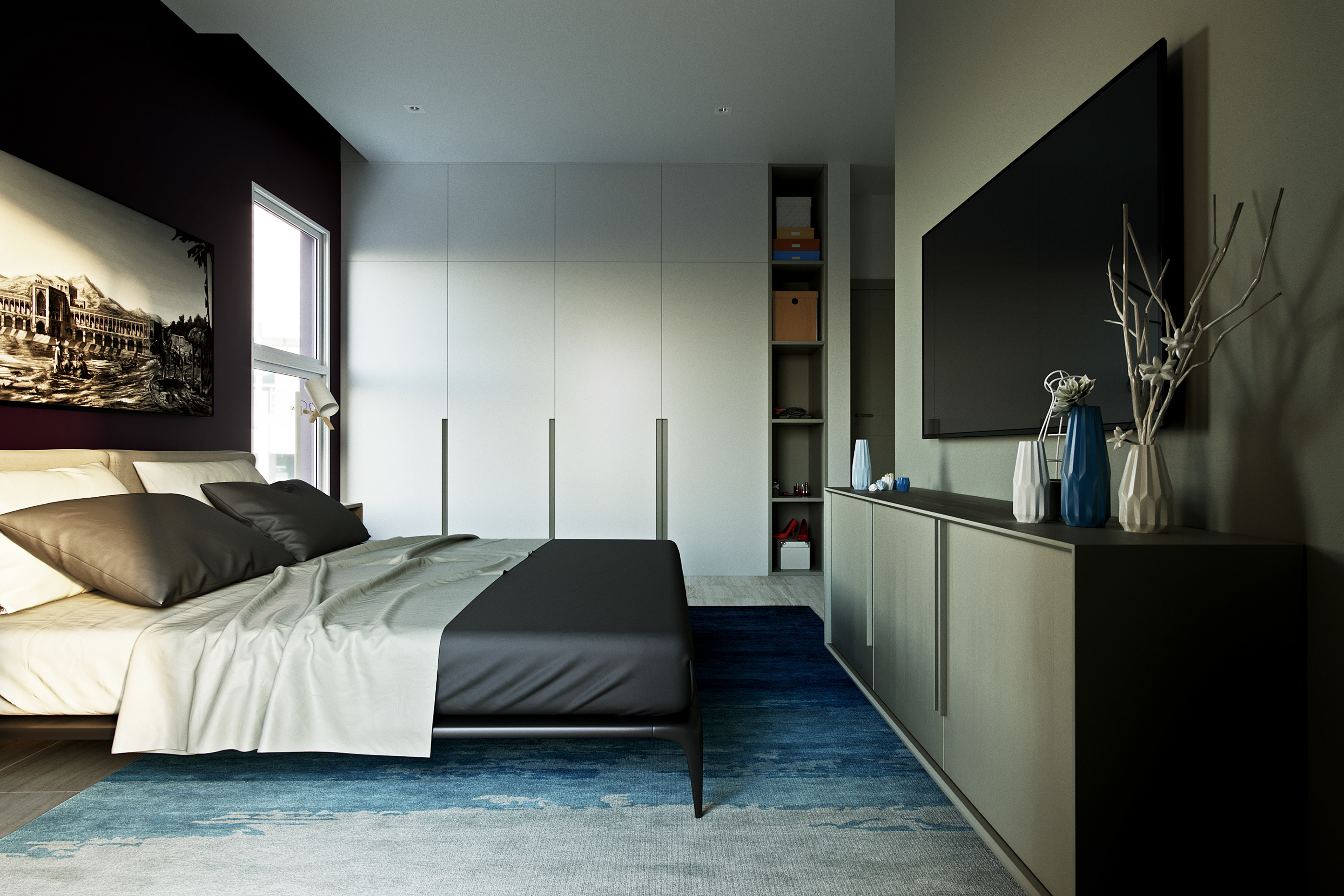 Naadei Villas bedroom wardrobe wall: floor-to-ceiling white cupboards with an open shelving bay, aubergine accent wall with a sepia canvas above the bed and a dark sideboard below the TV.