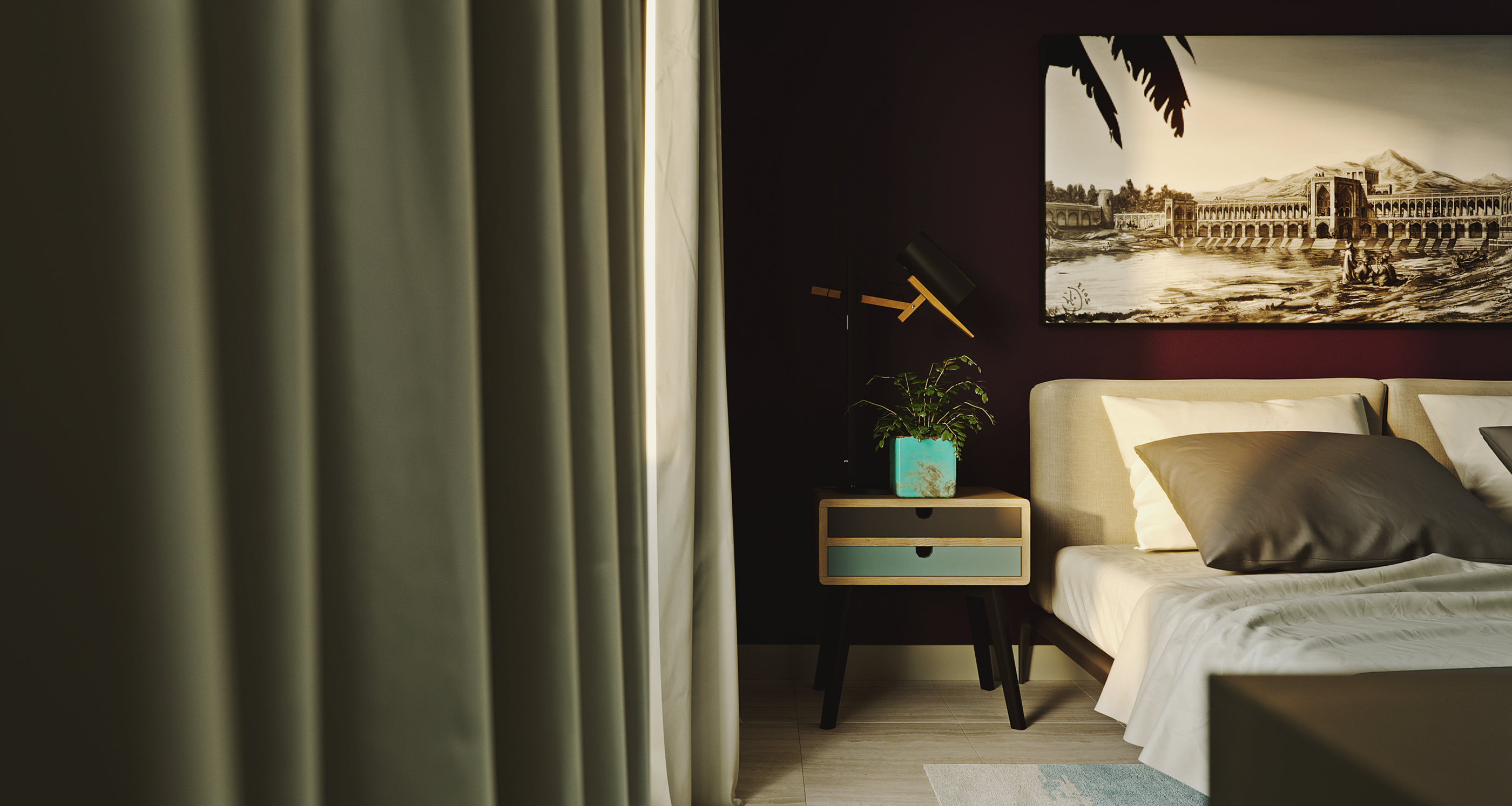 Naadei Villas bedside detail: two-drawer nightstand with a plant in a turquoise pot and an angled task lamp, aubergine wall and sepia print above the upholstered headboard.