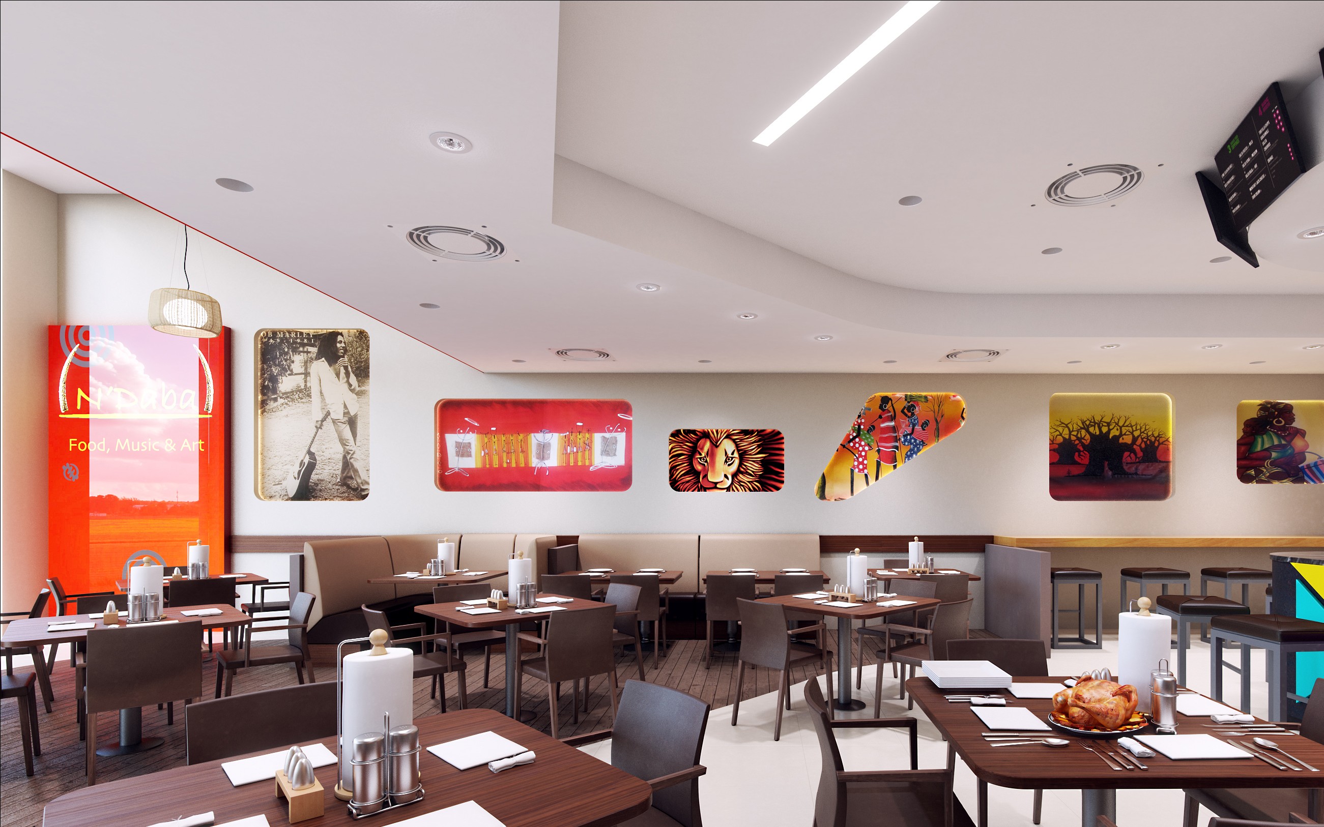 Ndaba's dining room: a gallery of large backlit paintings along a pale wall above a run of booth seating, dark timber tables laid for service in front, and a red entrance panel carrying the N'Daba logotype at the left