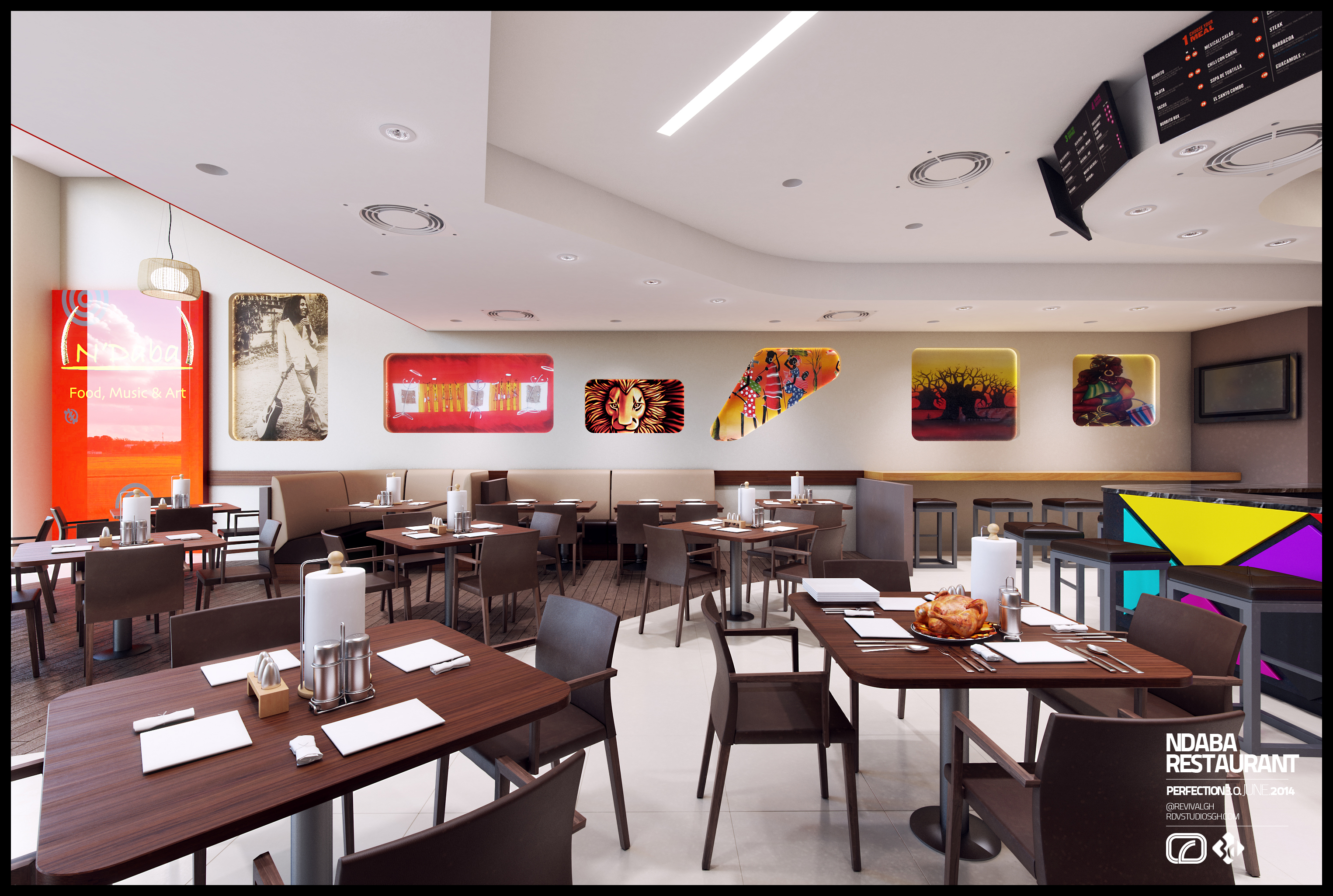 The dining room from the bar end: a sequence of large backlit paintings along the pale wall above a run of booth seating, dark timber tables laid for service, and the red N'Daba entrance panel at the left