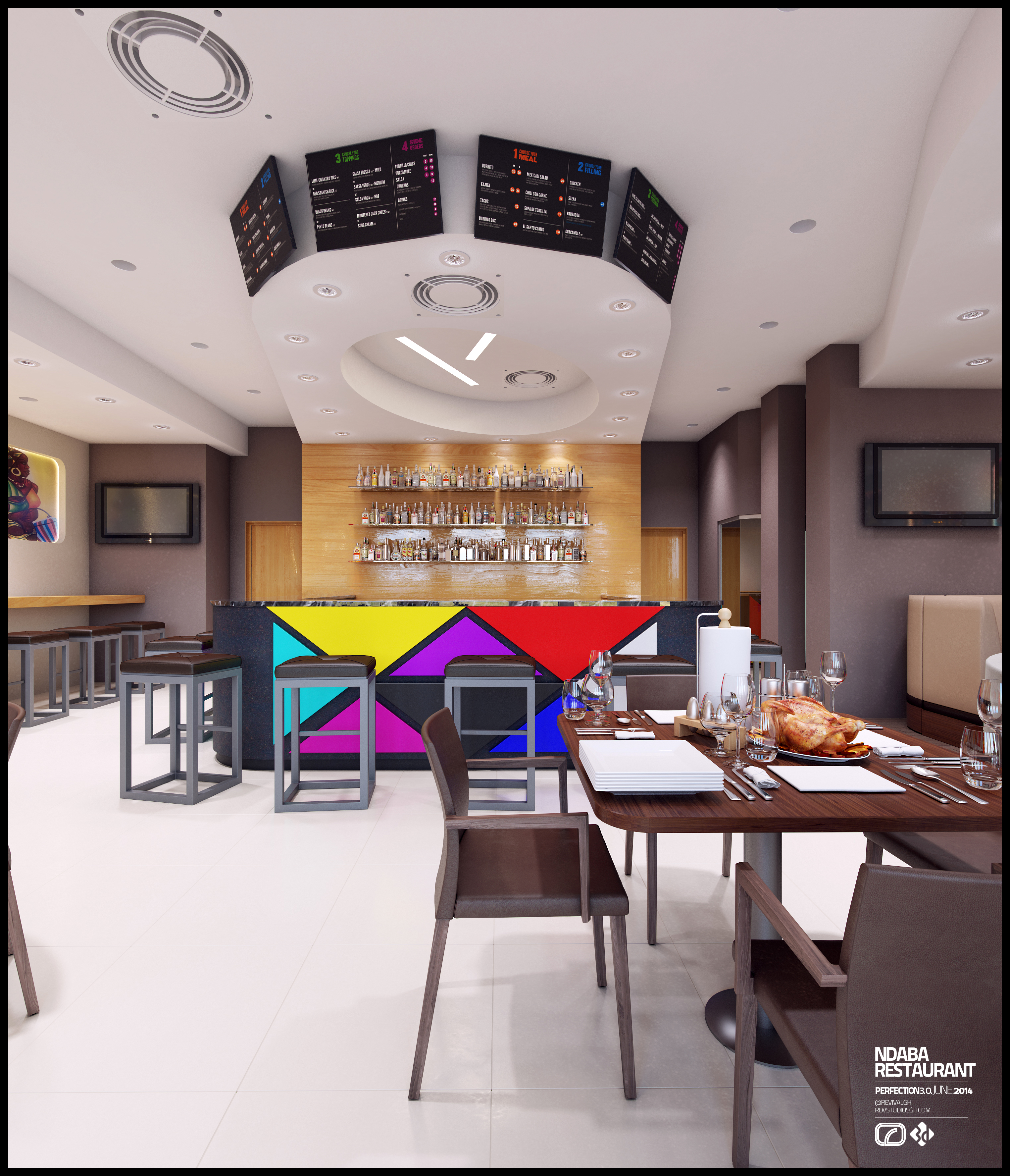 The bar: an arc of black digital menu screens ringed around a curved white ceiling dome, a lit timber back bar of bottle shelves behind, and a counter front faceted in cyan, yellow, magenta and red triangles