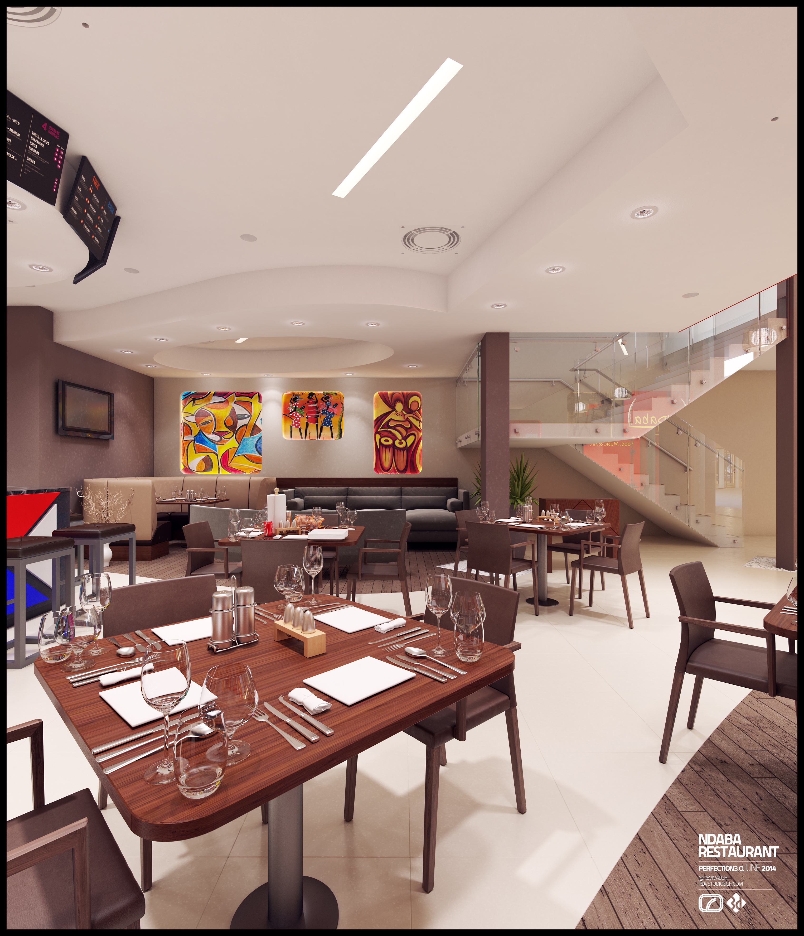 Across the dining room towards the lounge, with three large paintings over a long grey sofa, a fully laid table in the foreground and a glazed balustrade and stair to the mall atrium beyond