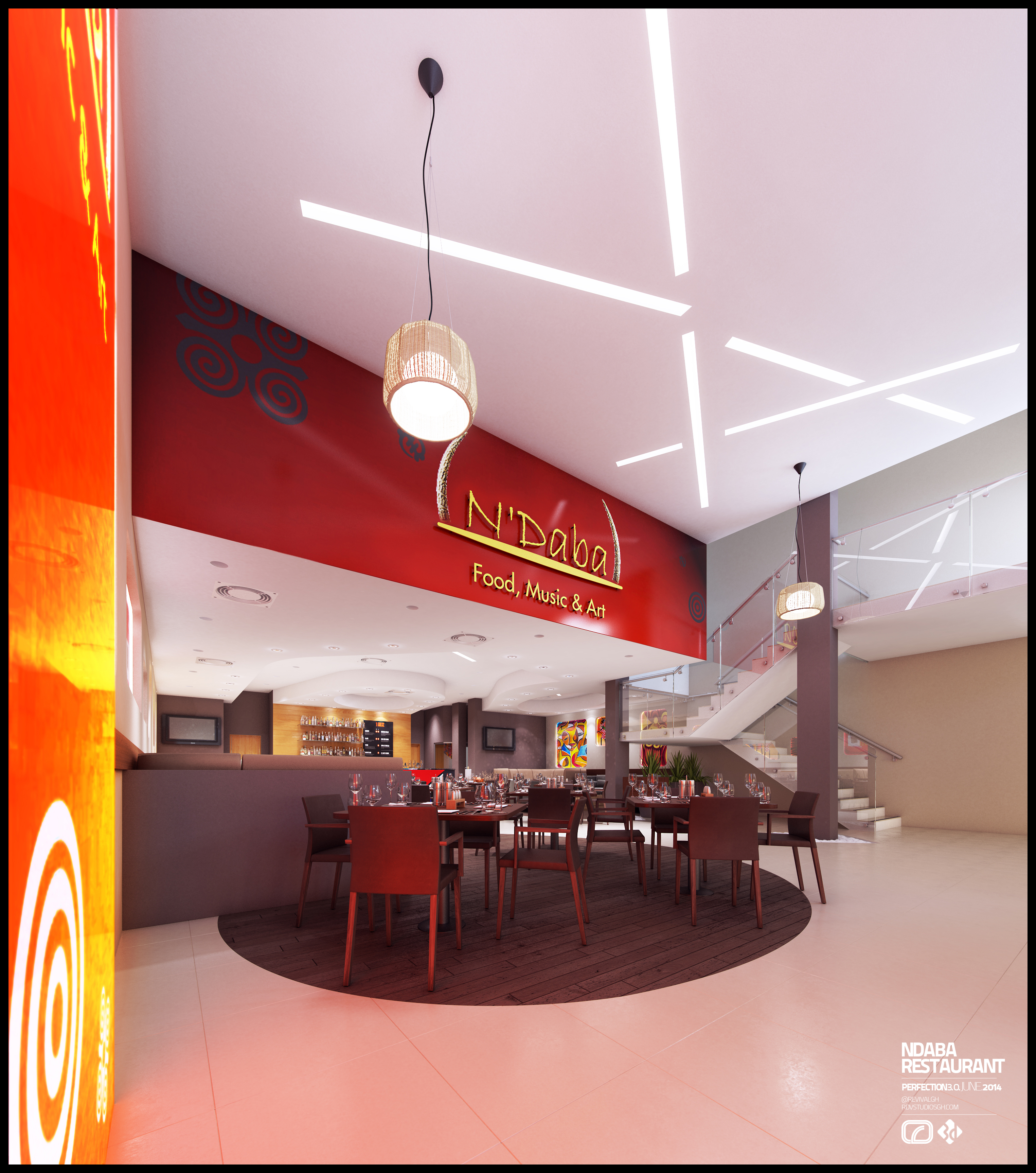 The mall-facing entrance: a deep red bulkhead carrying the illuminated N'Daba logotype and the tagline Food, Music & Art, rattan drum pendants in front, and a circular timber deck of tables set into the pale tiled floor