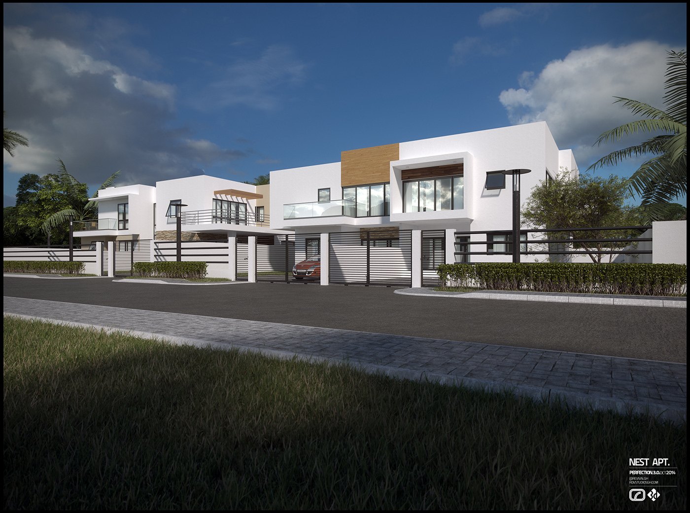 Exterior visualization of the apartment block from an angled street view: white two-storey volumes with tan and wood accent panels, flat rooflines, glass-railed balconies and ground-floor garages, fronted by a paved road and lawn under a bright cloud-streaked sky.
