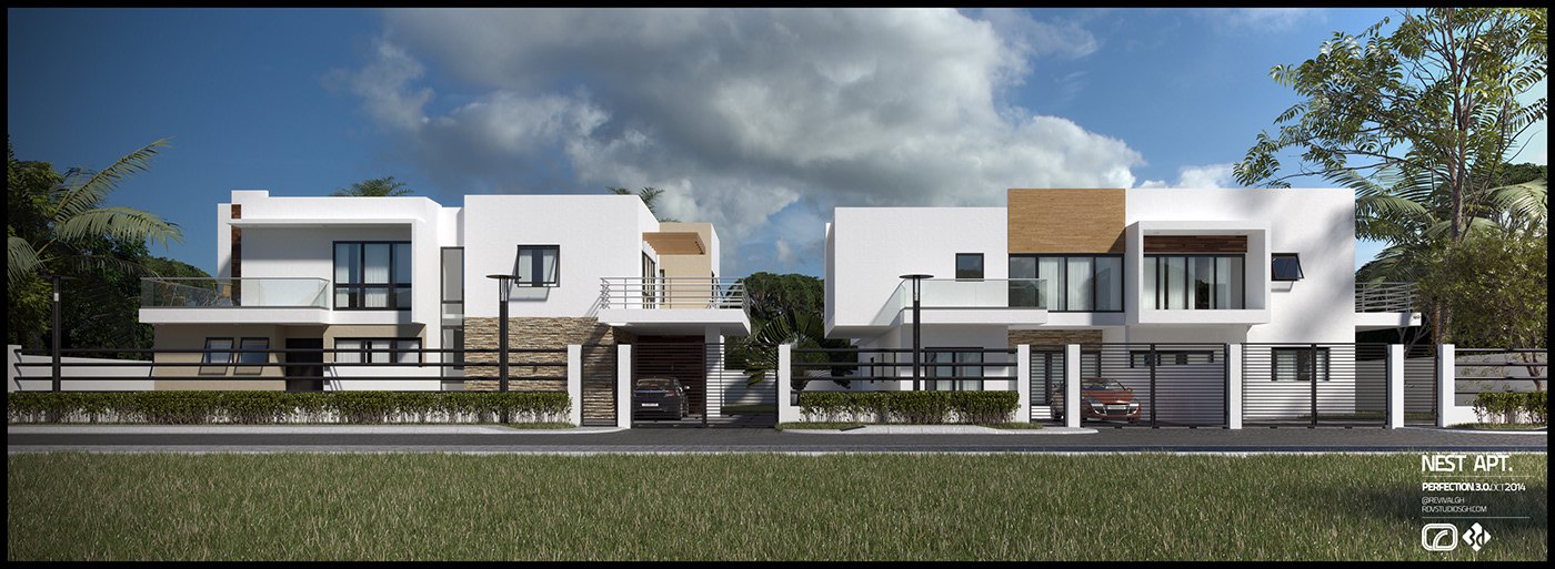 Frontal exterior render of the apartment block: a row of white modern units with tan accents, stacked balconies with glass railings and open ground-floor parking bays behind low gate piers, on a green lawn under a cloudy sky, labeled Nest Apt.