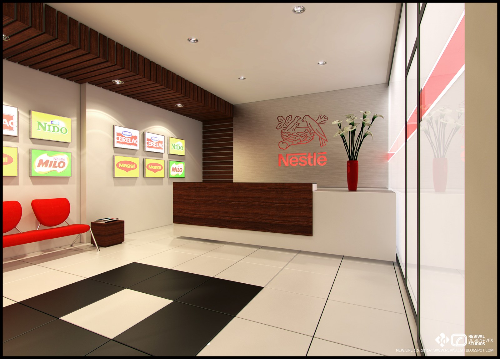 Interior visualization of a corporate reception: a white L-shaped desk with a dark wenge-wood front panel stands below a grey wall carrying the red Nestl&eacute; bird&rsquo;s-nest mark and wordmark, a red vase of white calla lilies on the counter; to the left a wall of backlit product panels in green, red and yellow sits above a red two-seat bench on chrome legs, the ceiling combines recessed downlights with a timber baffle feature, the polished white tile floor is inset with a black-and-white checkered field, and a full-height glazed partition at the right reflects the vase.