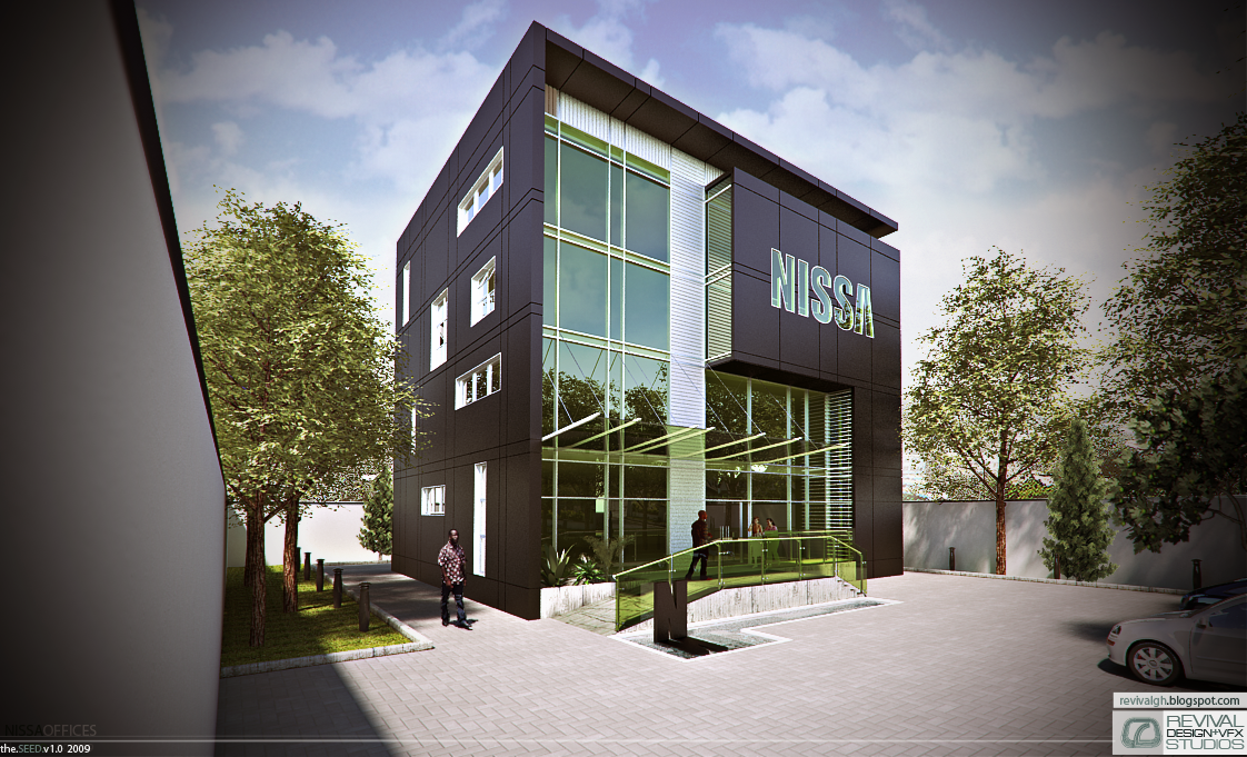 A corner three-quarter view of a compact black office block set in a paved plaza. The volume is a near-cuboid mass clad in dark panels punched with small windows in bands, and it is cut through the middle by a full-height glazed curtain wall behind which the floor plates read as pale horizontal lines. At the base of that glazing a green-tinted glass canopy and balustrade shelter the entrance, with figures standing on the steps, and the name NISSA is fixed in large pale letters to the upper right of the facade. A tall free-standing letter N in black stands in the foreground on the paving. Young trees are planted either side against a pale rendered boundary wall, a man walks across the plaza at the left, the corner of a car appears at the right, and the sky above is bright with soft cloud.