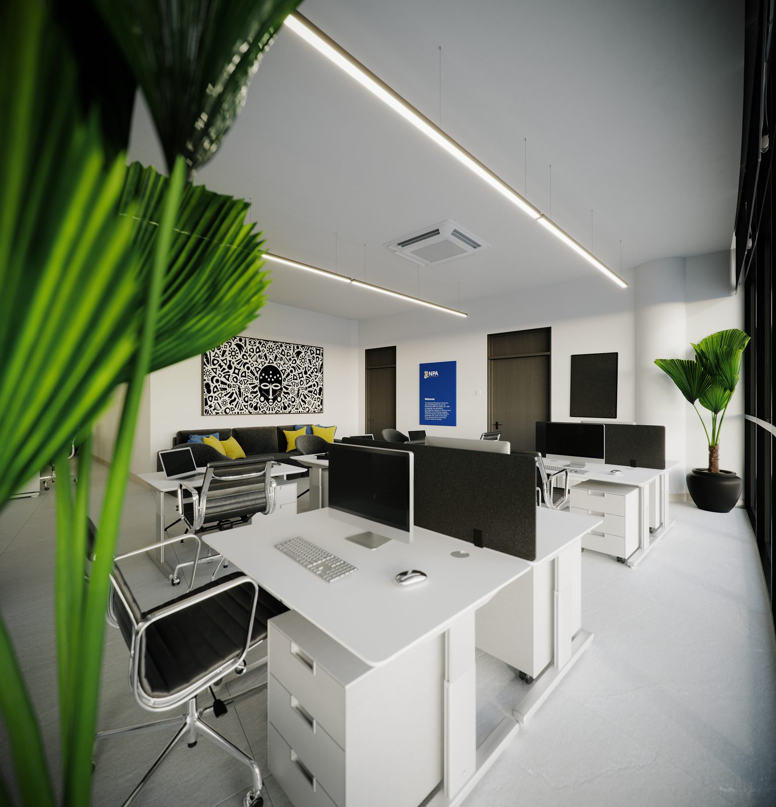 The same corner from the opposite side, framed by a palm leaf in the foreground, with the blue NPA brand panel visible on the wall to the right.